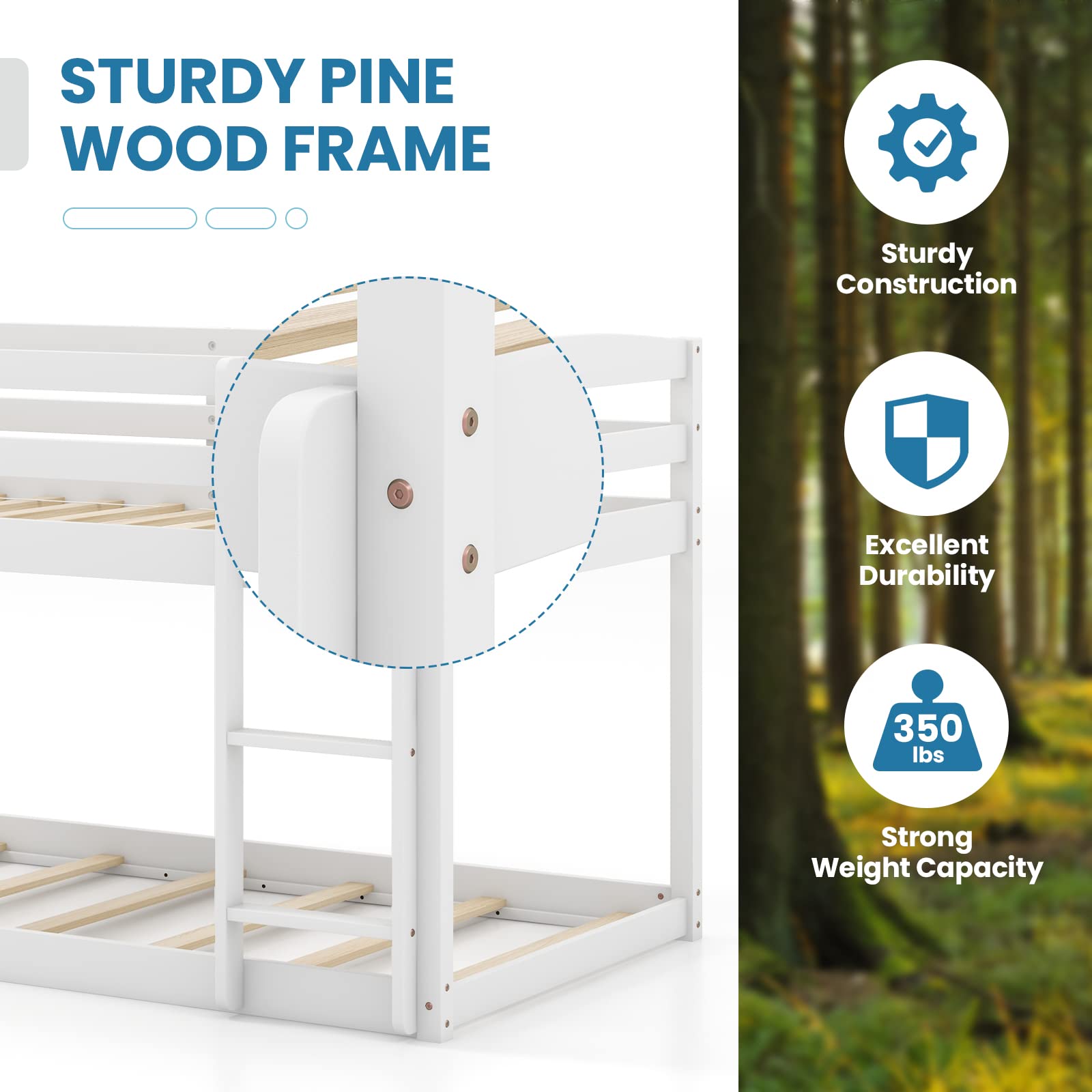 KOMFOTT Twin Over Twin Solid Wood  Low Bunk Bed with Built-in Ladder & Safety Guardrails