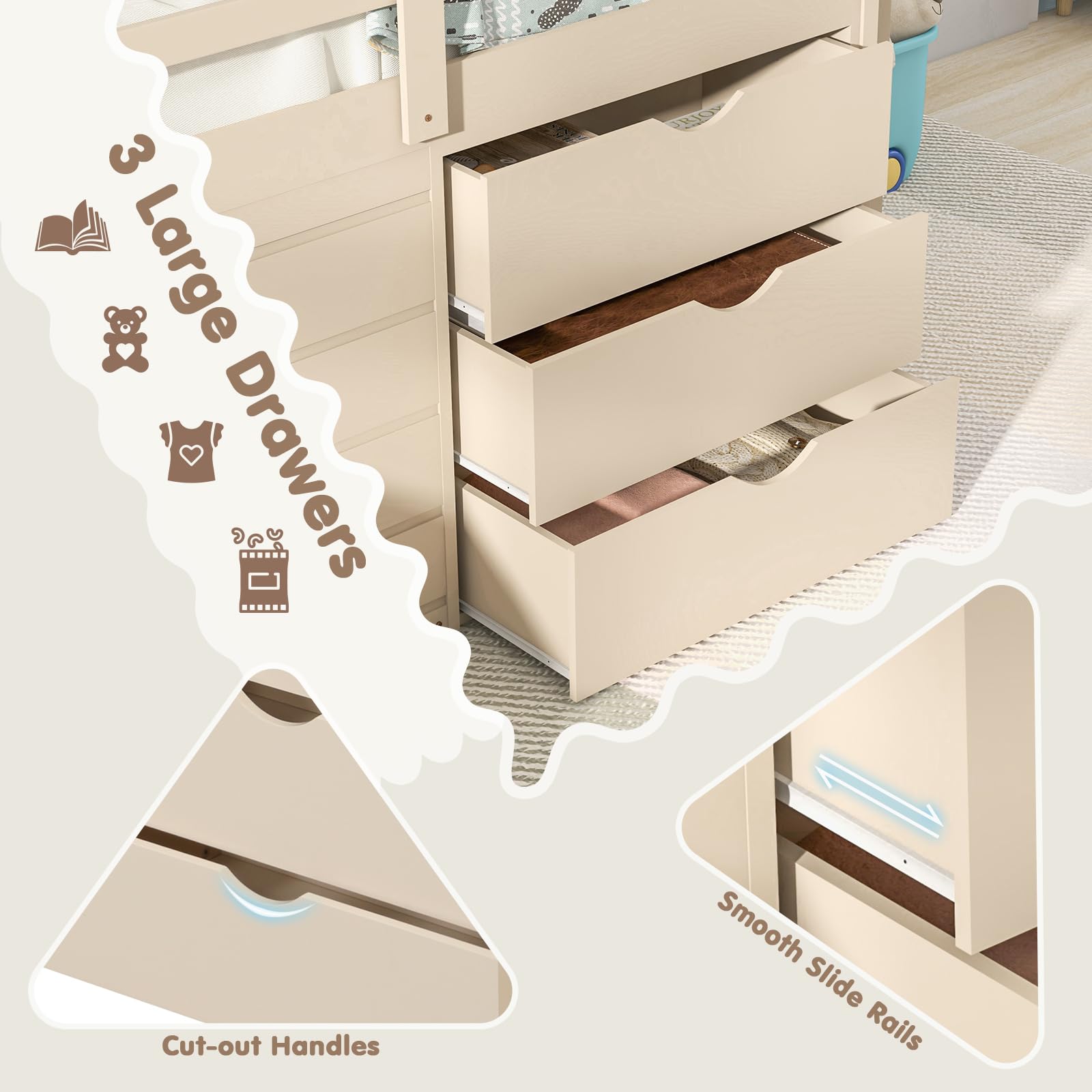 KOMFOTT Twin Low Loft Bed with 3 Storage Drawers & Underneath House