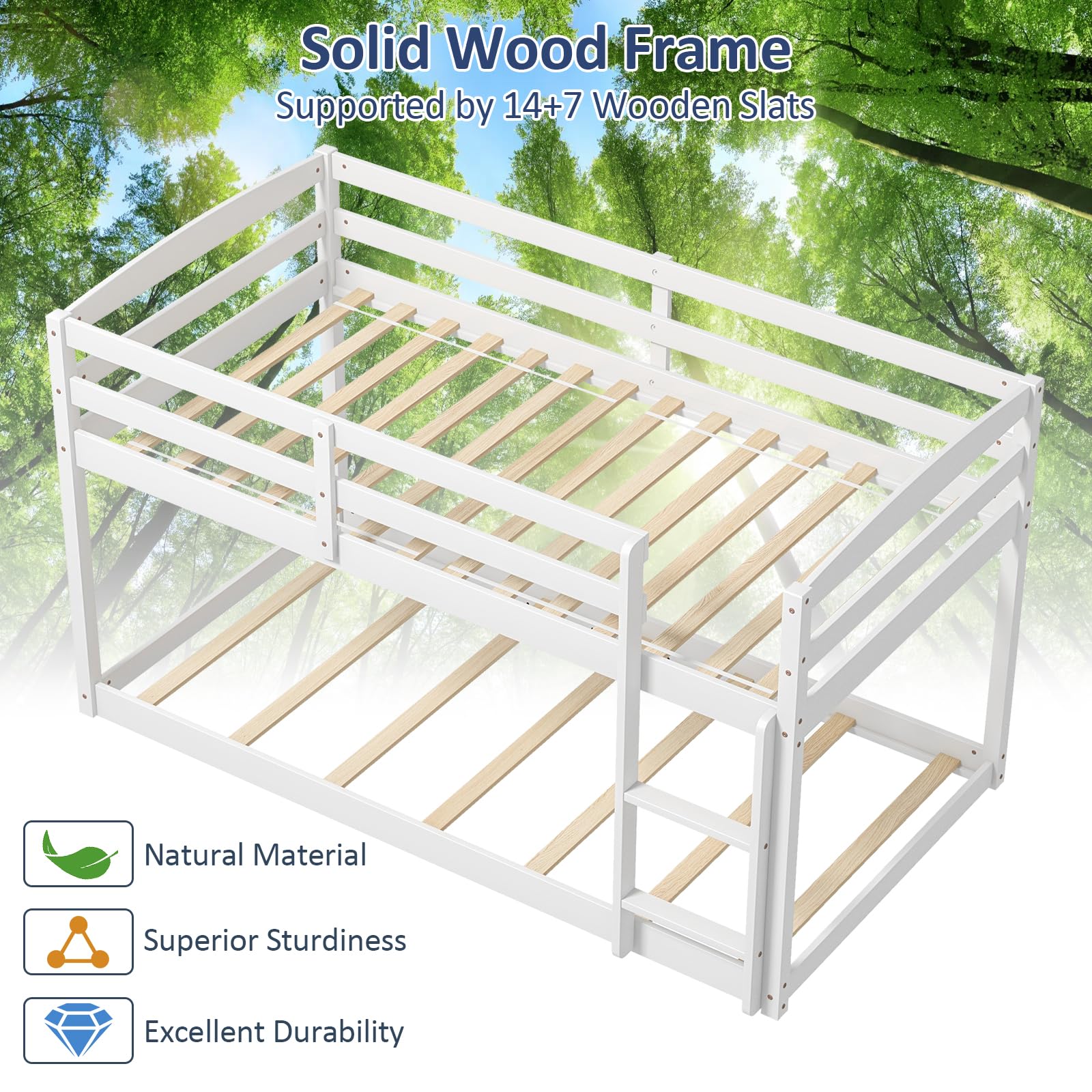 KOMFOTT Twin Over Twin Solid Wood Low Bunk Bed with Full Guardrails & Integrated Ladder