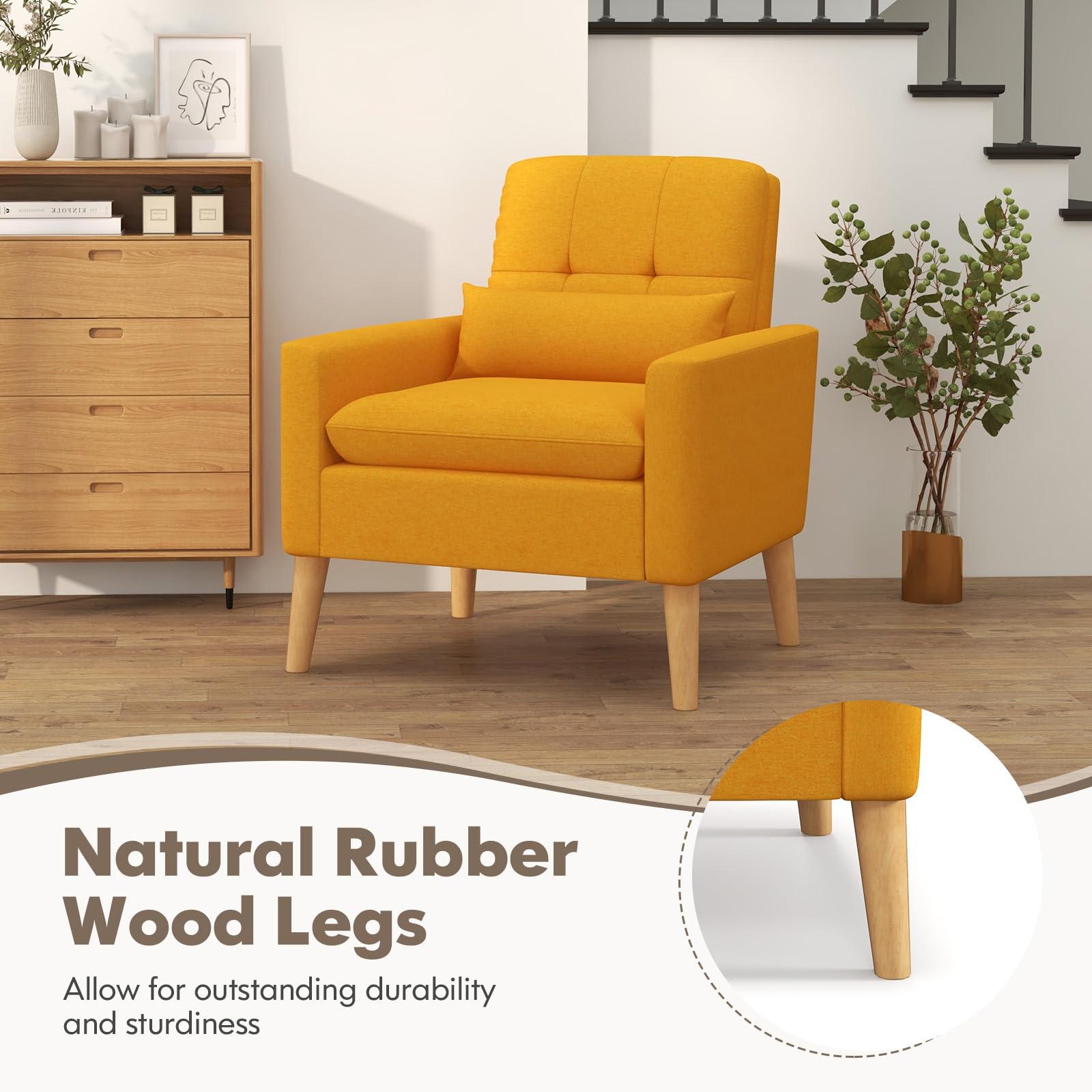 KOMFOTT Modern Linen Accent Chair, Upholstered Tufted Armchair with Lumbar Pillow, Rubber Wood Legs, Padded Cushion