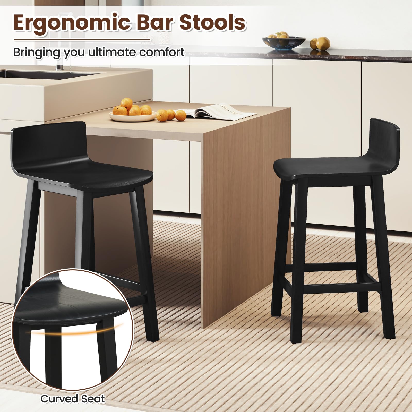 KOMFOTT Solid Wood Bar Stools Set of 2/4, Counter Height Chairs with Low Back and Footrest