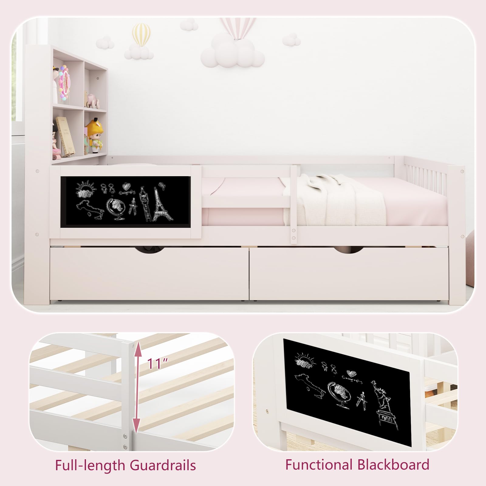 KOMFOTT Bed with Rails & 2 Storage Drawers