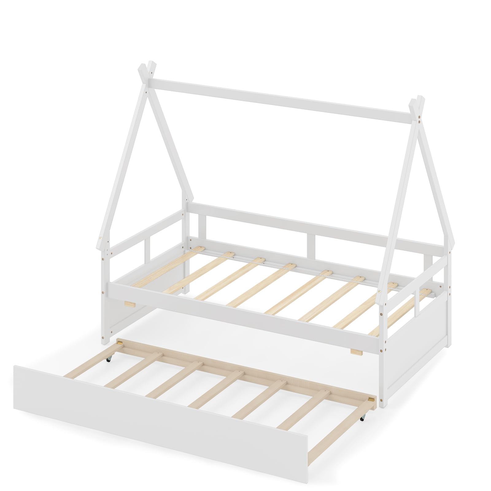 KOMFOTT Twin Size Wood House Bed with Trundle