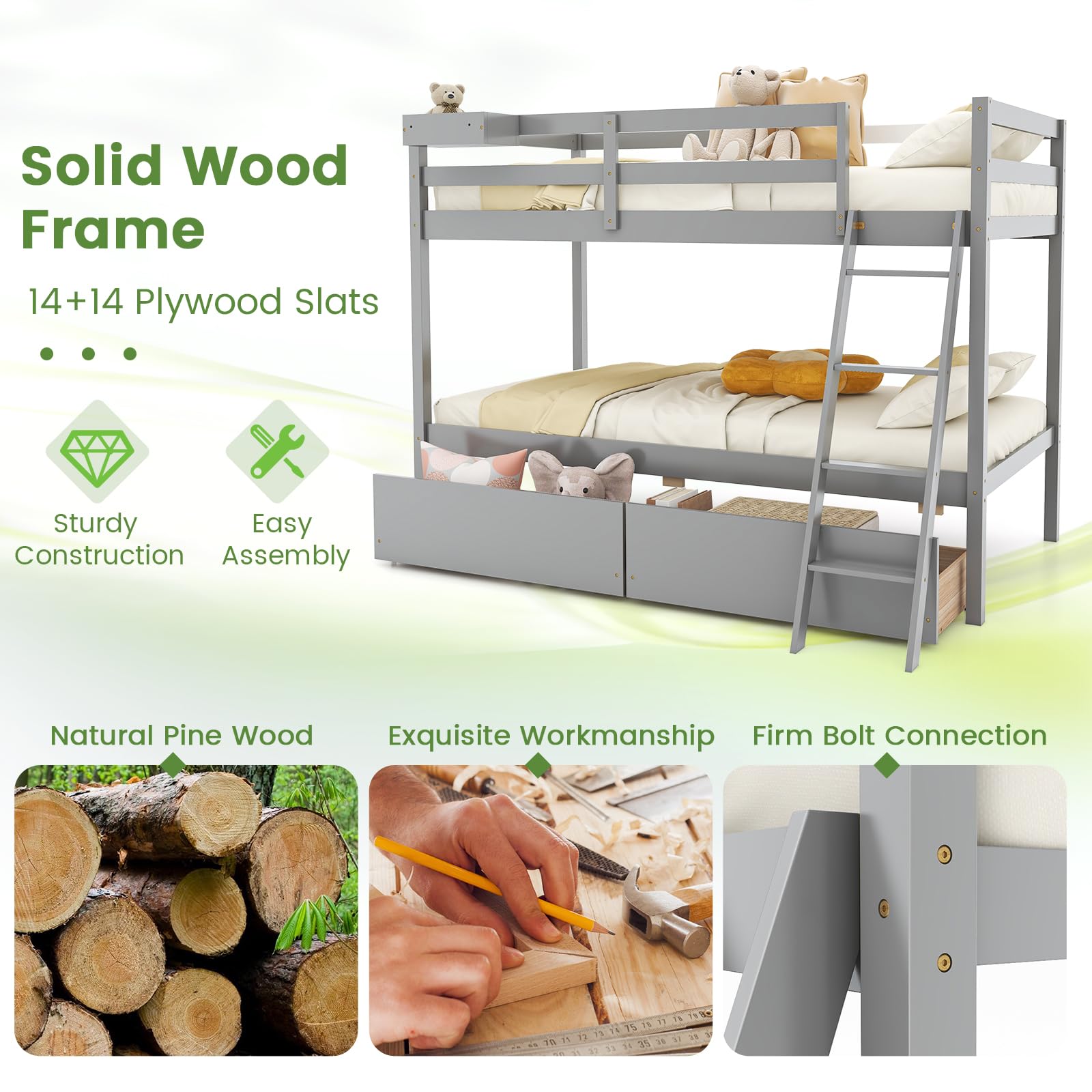 KOMFOTT Twin Over Twin Bunk Bed with 2 Roll-Out Drawers