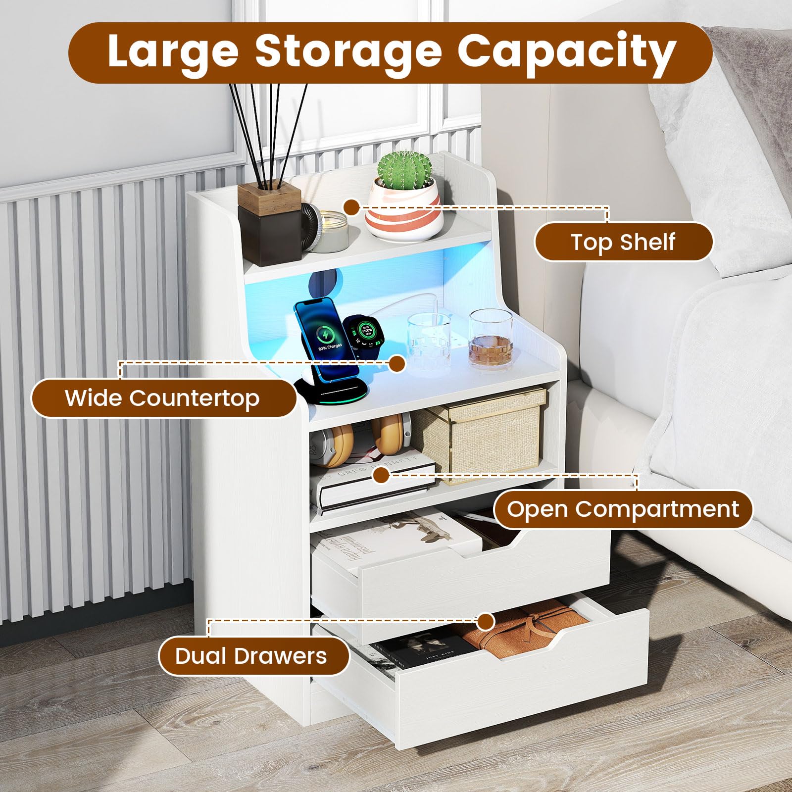 KOMFOTT Nightstand with Charging Station & LED Lights(1/2)