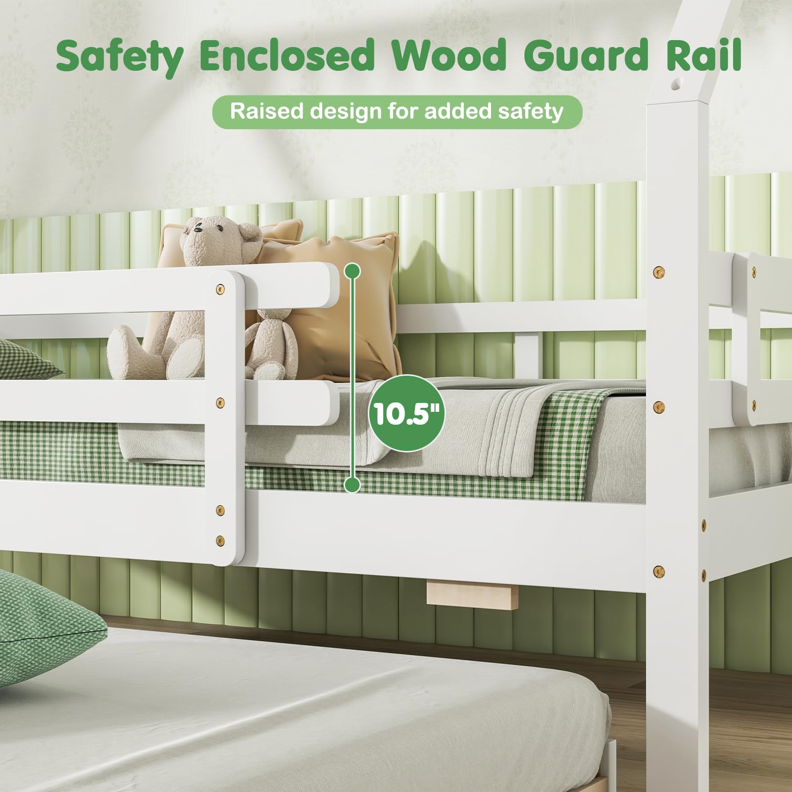 KOMFOTT House Bed with Trundle Wood Bed Frame with Safety Rails & Roof