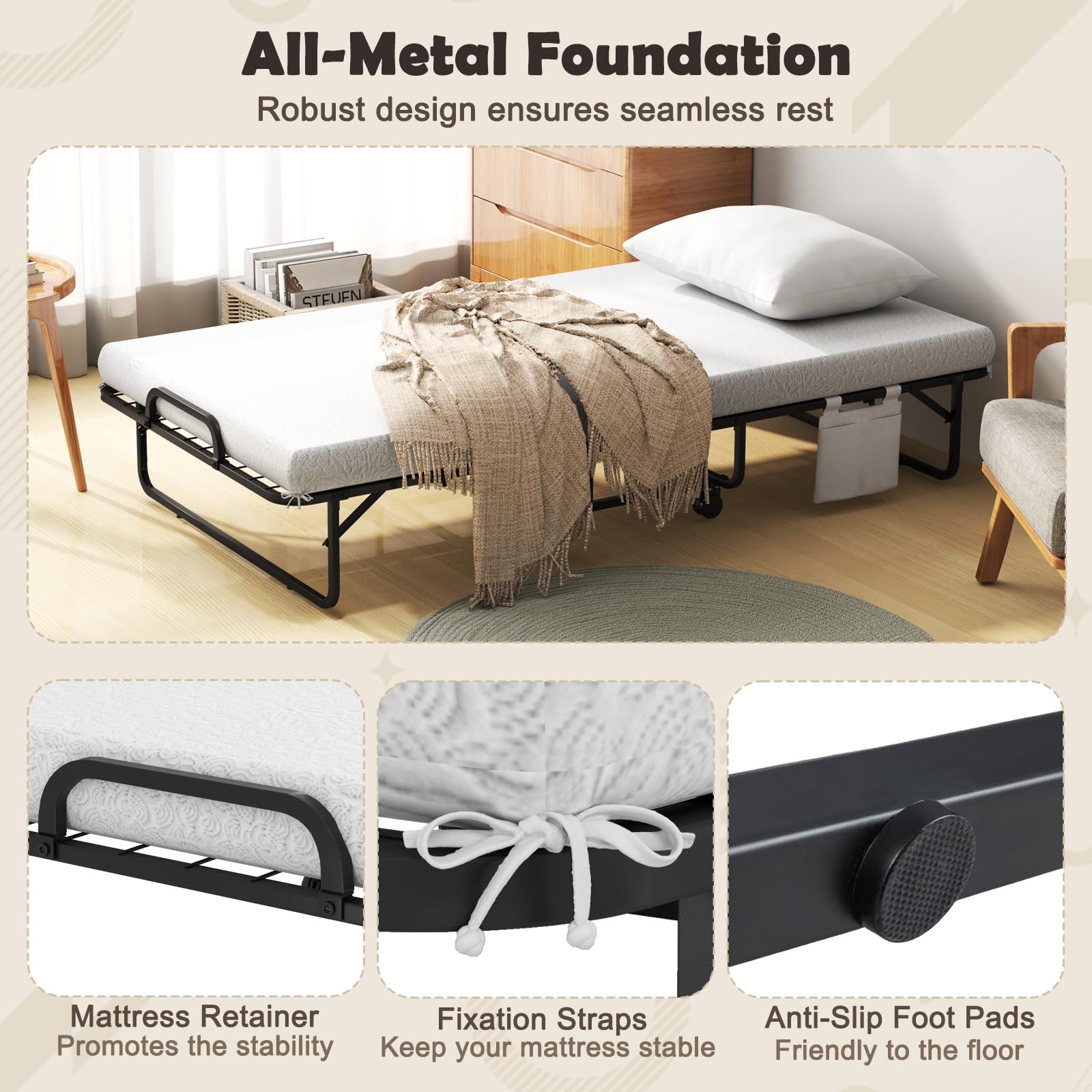 KOMFOTT Twin Size Folding Bed with Memory Foam Mattress & Pillow（75” x 39”）