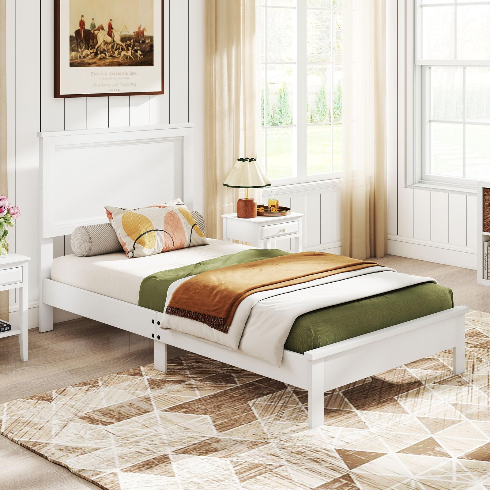 KOMFOTT Mid-Century Modern Platform Bed with Headboard, Solid Wood Legs