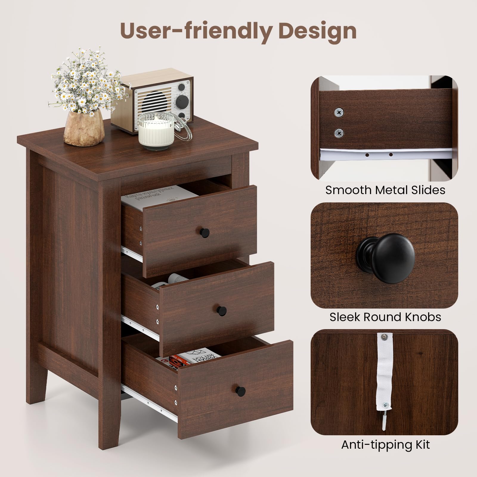KOMFOTT 3 Drawers Nightstand Set of 1/2（18" x 14.5" x 26"）