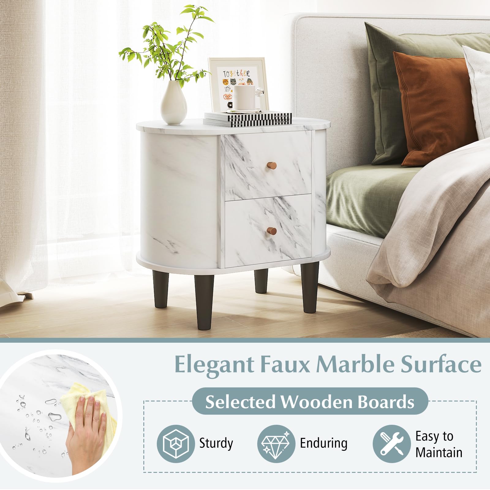 KOMFOTT Oval Faux Marble Nightstand with 2 Drawers
