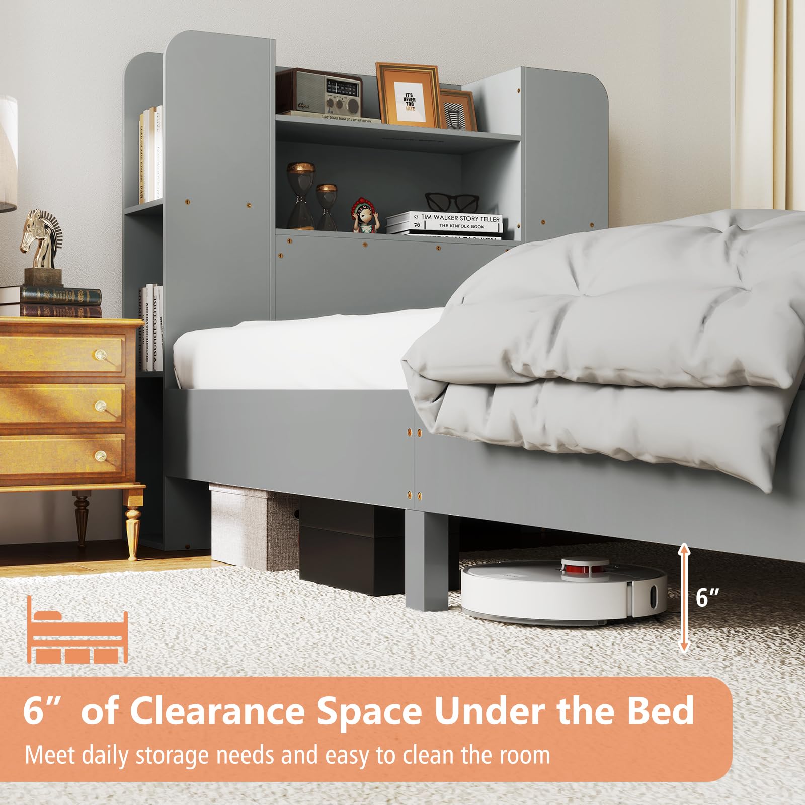 KOMFOTT Twin Wood Platform Bed Frame with Bookcase Headboard