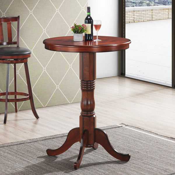 Round Dining Table, Wooden Pub Pedestal Side Table W/Chessboard, Adjustable Foot Pads