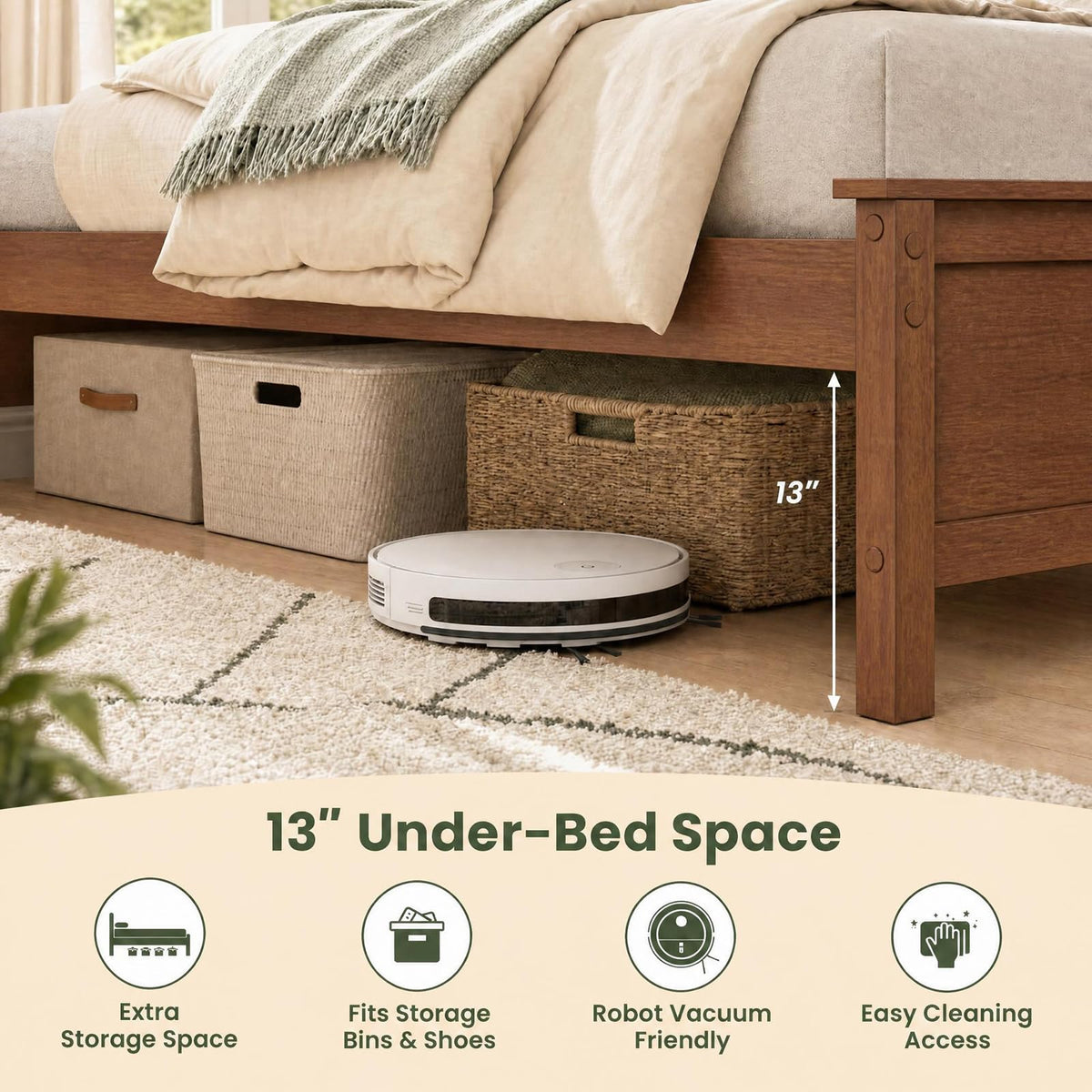 KOMFOTT Twin/Full/Queen/King Size Bed Frame with Headboard Wood Platform Bed