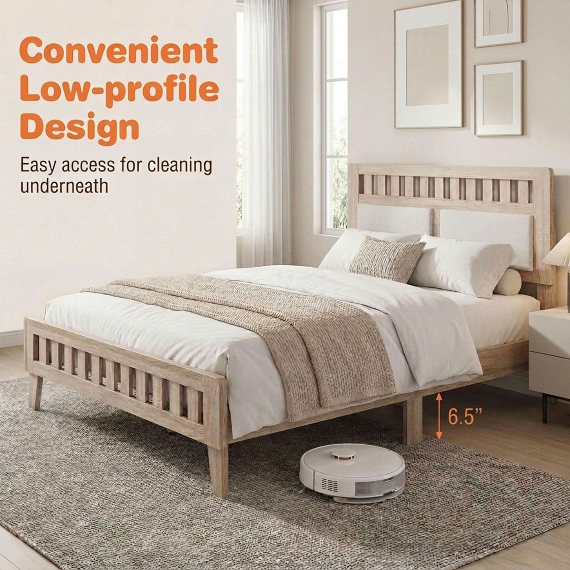 KOMFOTT Full/Twin/Queen Wood Bed Frame with Upholstered Headboard
