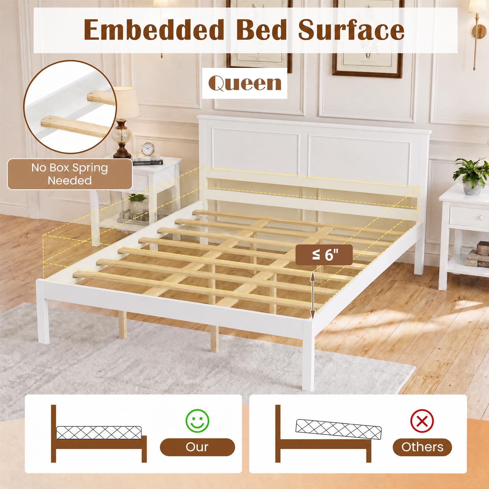 KOMFOTT Queen/Full/Twin Size Bed Frame Farmhouse Wooden Platform Bed