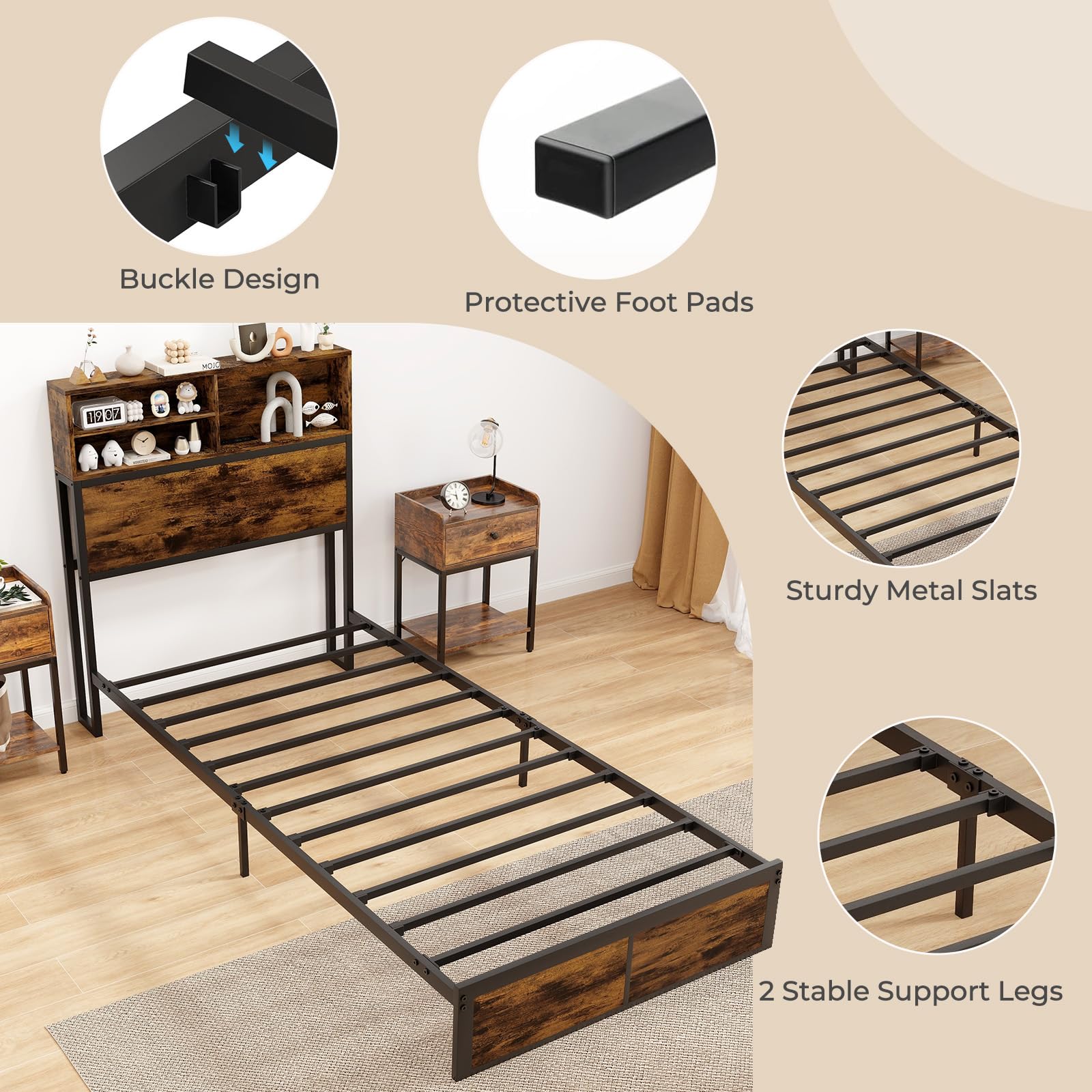 KOMFOTT Metal Platform Bed Frame with Storage Headboard & Charging Station