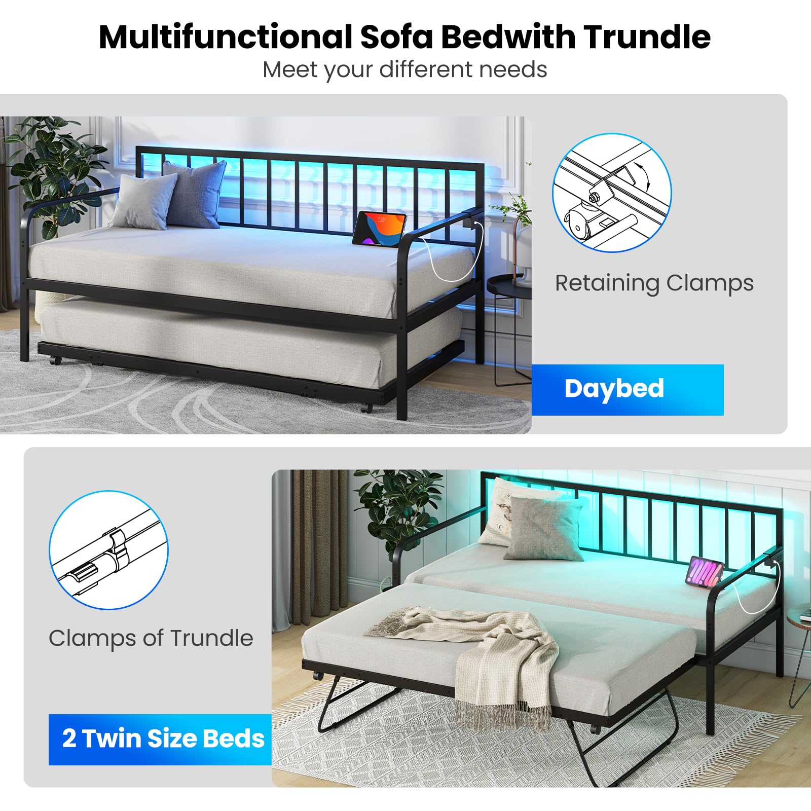 KOMFOTT Twin Metal Daybed with Pop Up Trundle