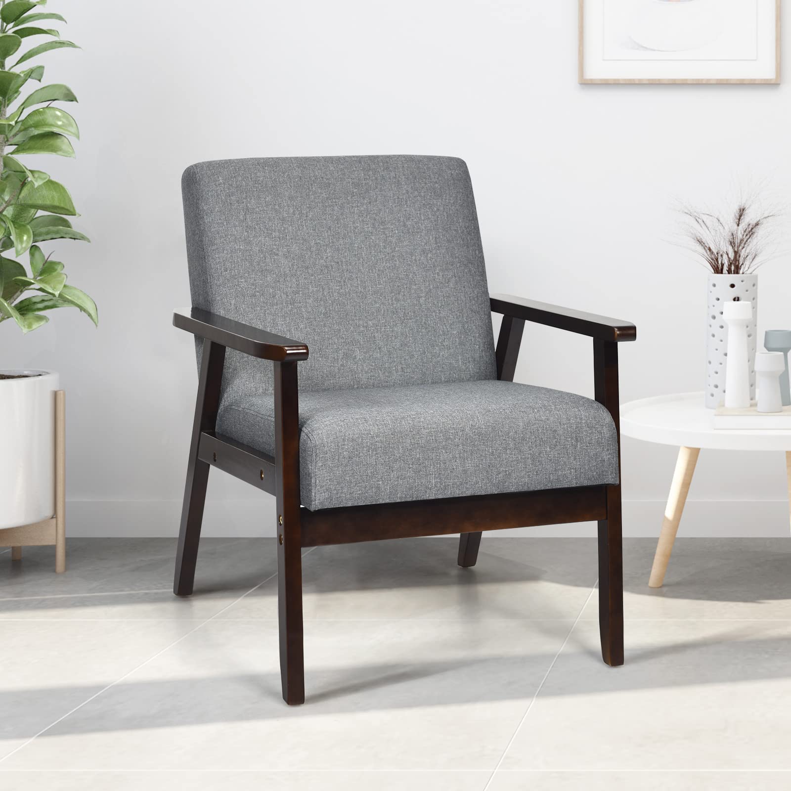 KOMFOTT Armrest Accent Chair, Upholstered Linen Fabric Lounge Chair with Rubber Wood Legs, Comfortable Backrest