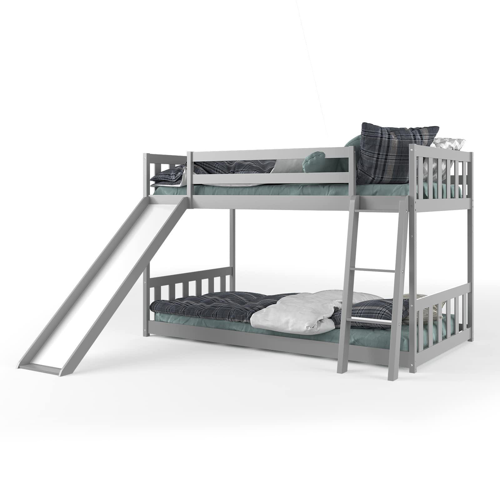 KOMFOTT Wood Bunk Bed Twin Over Twin Bunk Bed Frame w/Convertible Slide