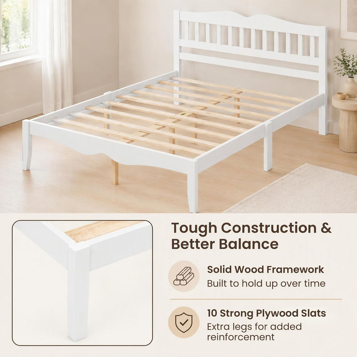 KOMFOTT Full/Queen  Size Bed Frame Farmhouse Wooden Bed with Slatted Headboard(Curved Slatted Headboard)