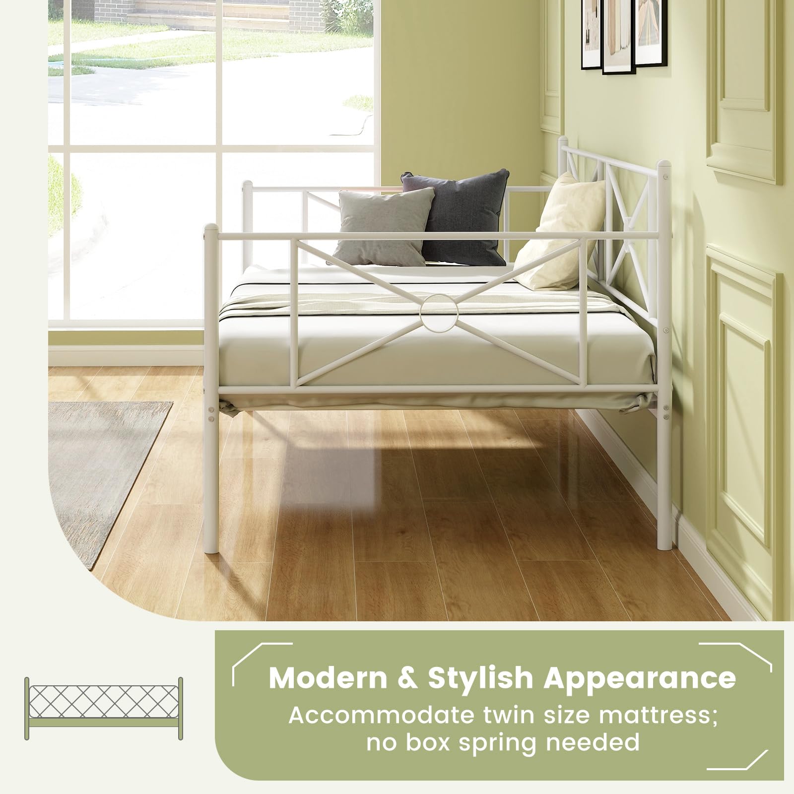 KOMFOTT Twin Size Metal Daybed, Multifunctional Sofa Guest Bed with Headboard