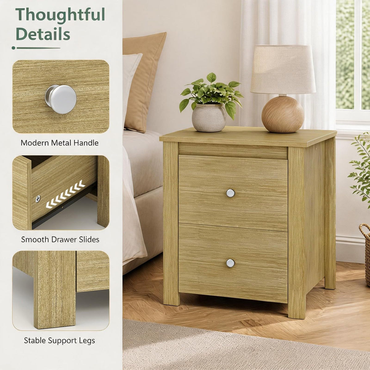 KOMFOTT Nightstand with 2 Drawers Modern Wooden Bedside Table(1/2)