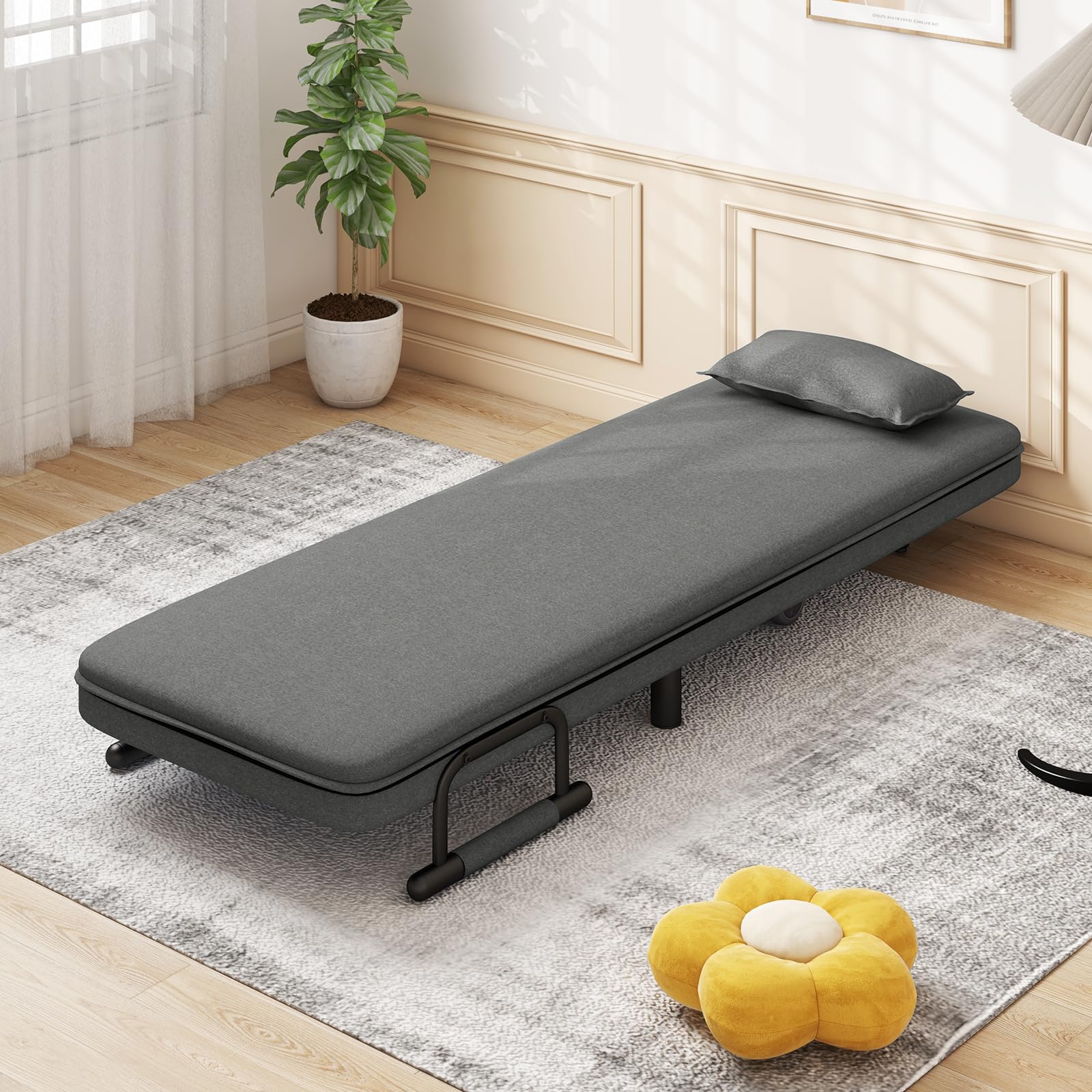 KOMFOTT Convertible Chair Bed with 5-Position Adjustable Backrest & Lumbar Pillow, 2 Hidden Metal Legs & 2 Lockable Casters