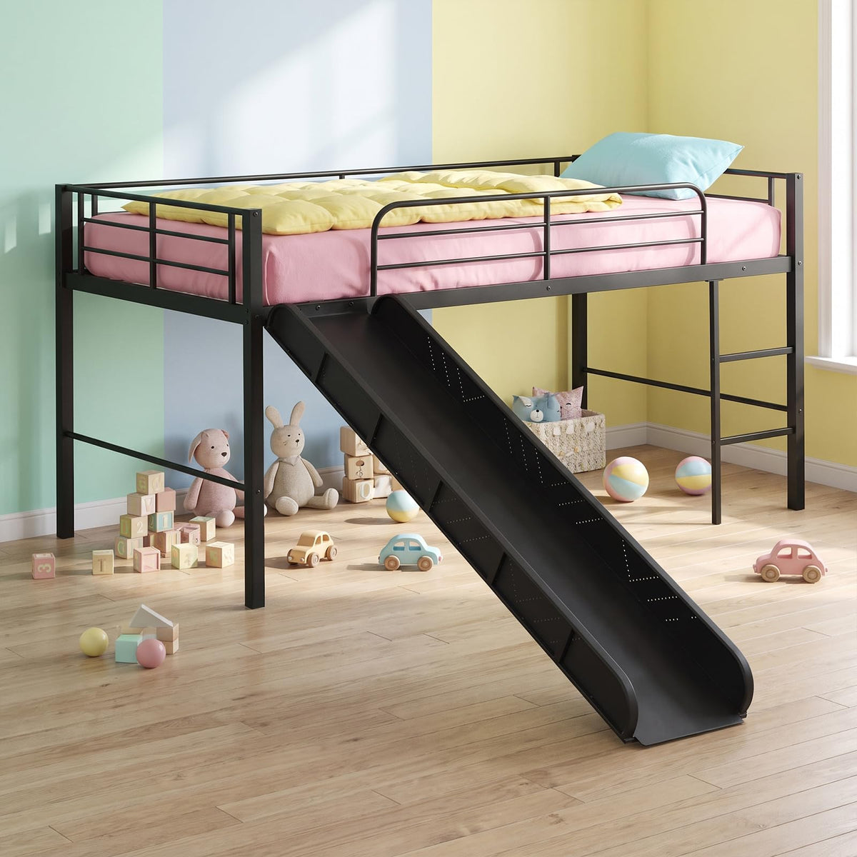 KOMFOTT Twin Size Low Loft Bed Metal Bed Frame with 30" H Under-Bed Space(with Slide)