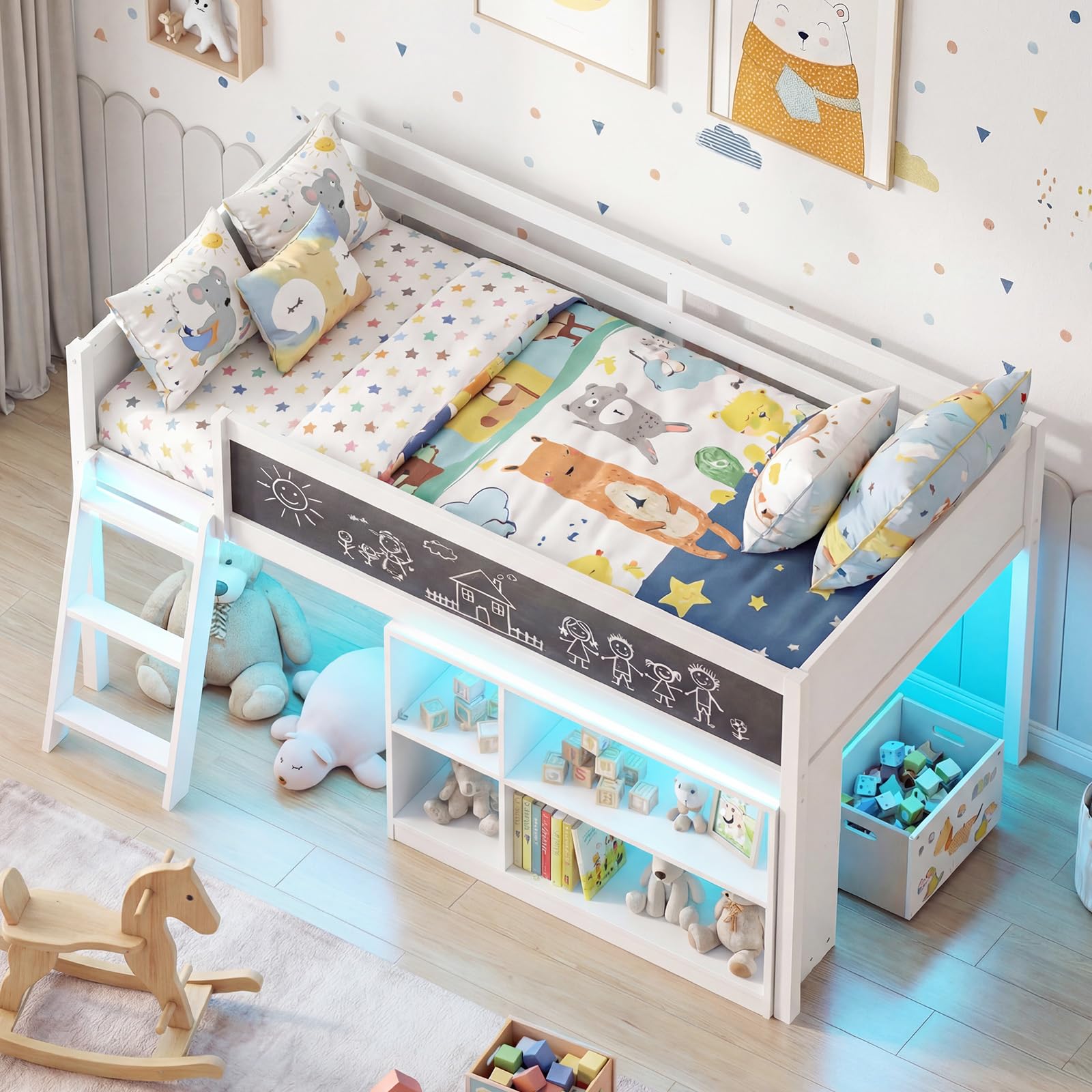 KOMFOTT Twin Size Low Loft Bed with LED Lights