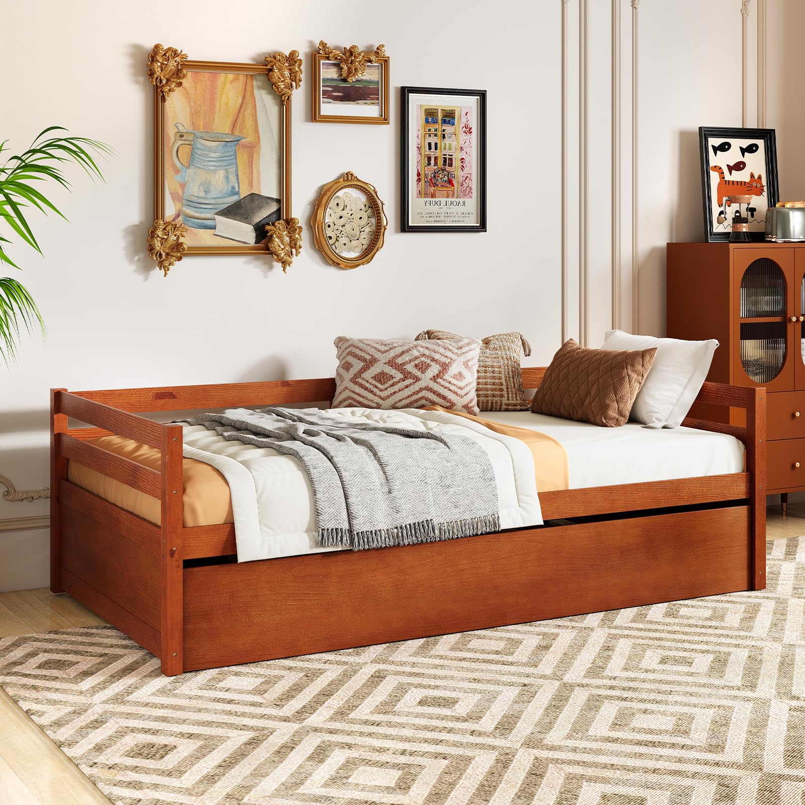 KOMFOTT Twin Daybed with Trundle, Wood Trundle Bed with Wood Slat Support
