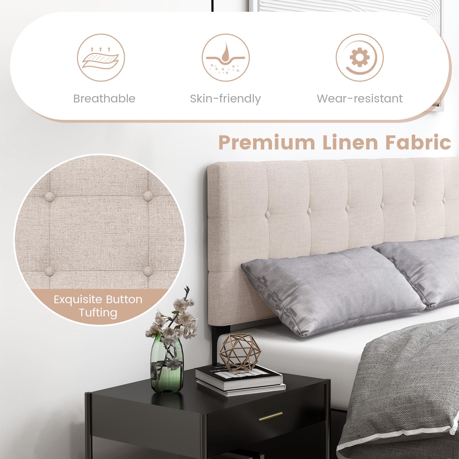 KOMFOTT Linen Upholstered Headboard for Full & Queen Size Bed Frame(Button Tufted)