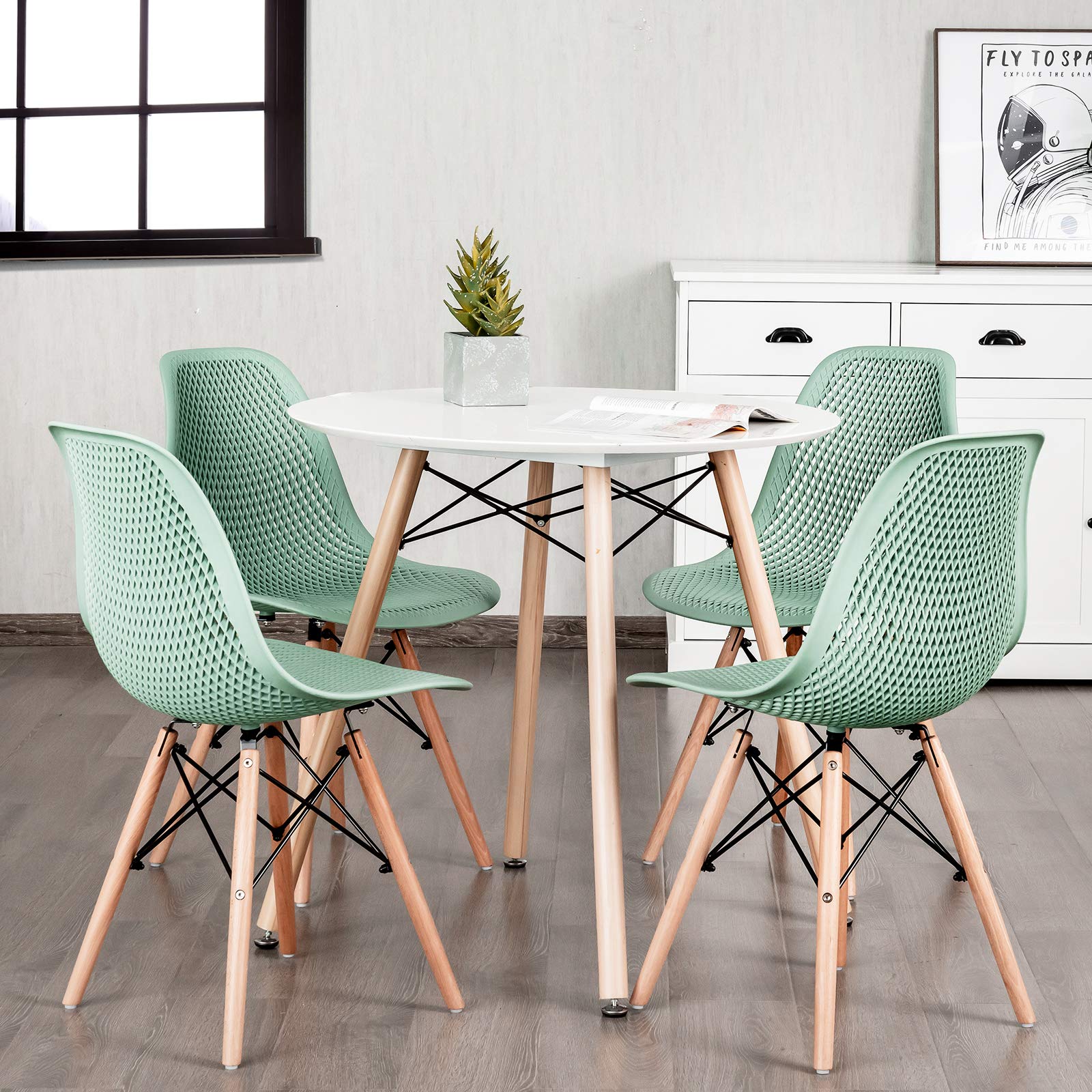 KOMFOTT Set of 2/4 Modern Dining Chairs, Outdoor Indoor Shell PP Lounge Side Chairs with Mesh Design, Beech Wood Legs