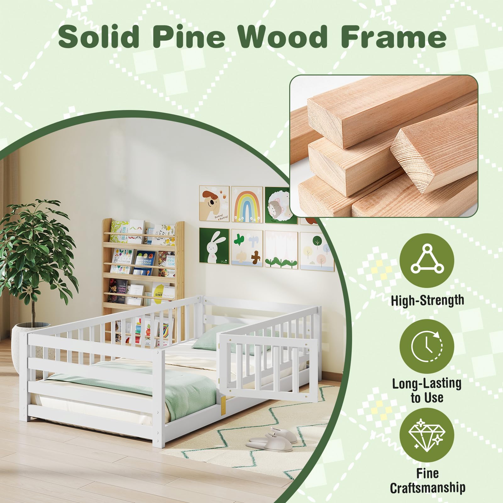 KOMFOTT Twin Size Wood Floor Bed with Door & 21.5” Fence