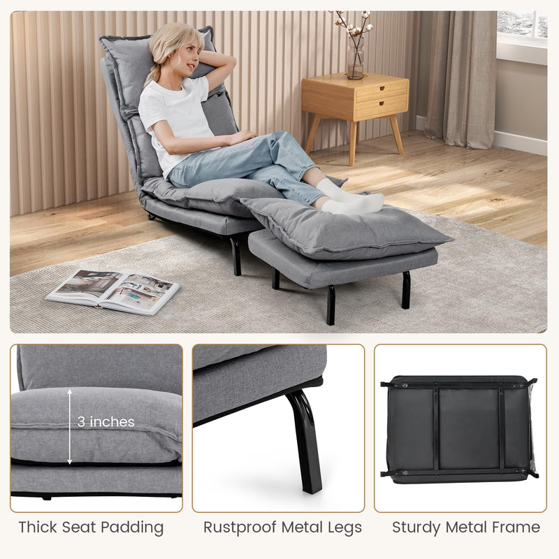 KOMFOTT Floor Lazy Sofa Chair with Ottoman, Modern Recliner Lounge Chair with 6-Level Adjustable Backrest (Gray)
