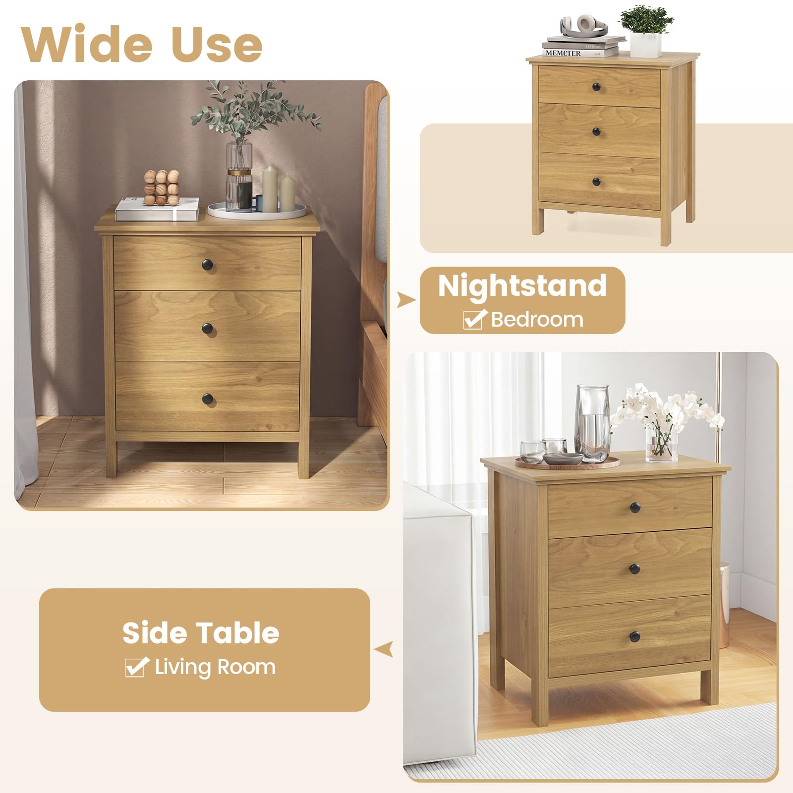 KOMFOTT 3 Drawers Nightstand Wooden Bedside Table with Ample Storage(1/2)