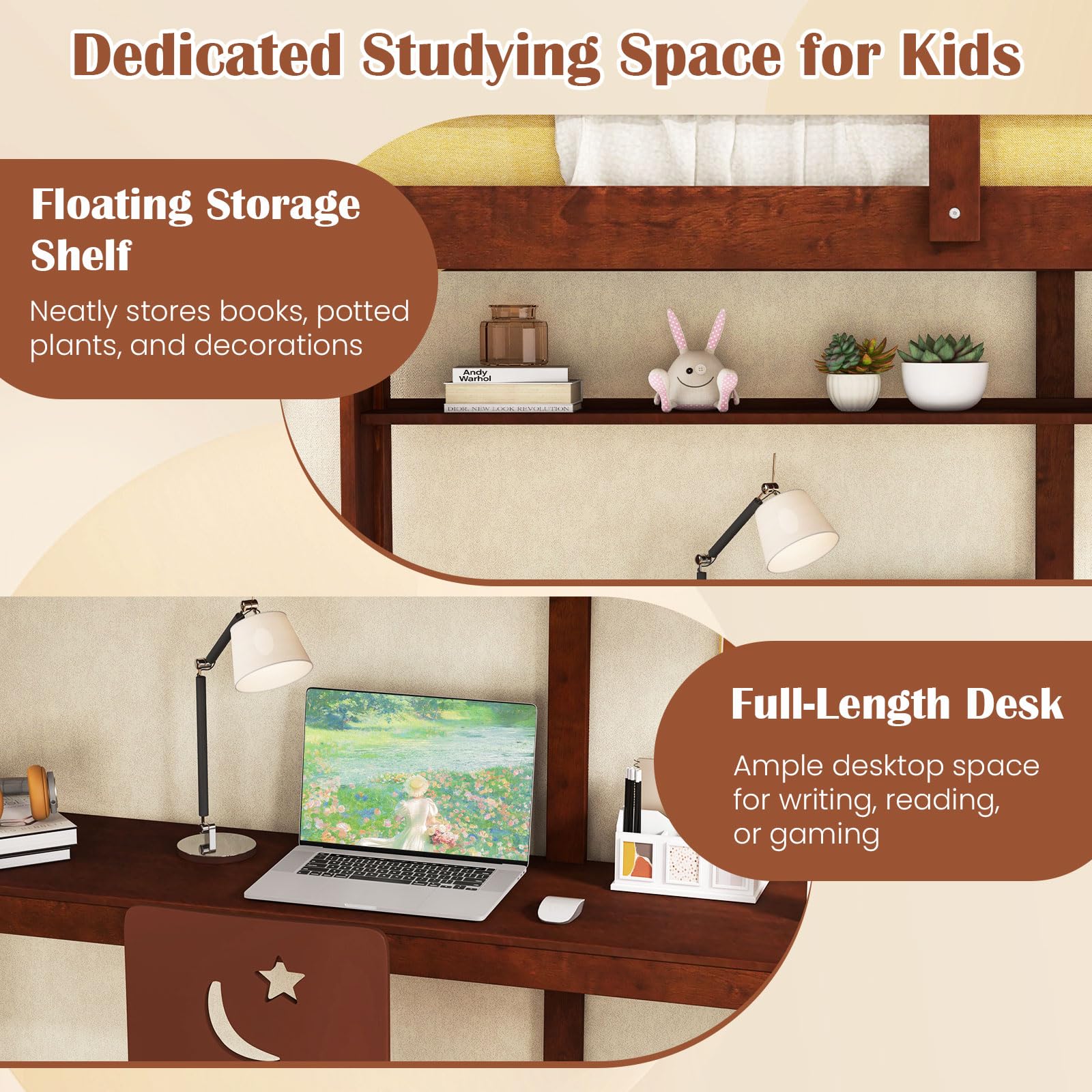 KOMFOTT Twin Loft Bed with Desk Wood Loft Beds for Kids