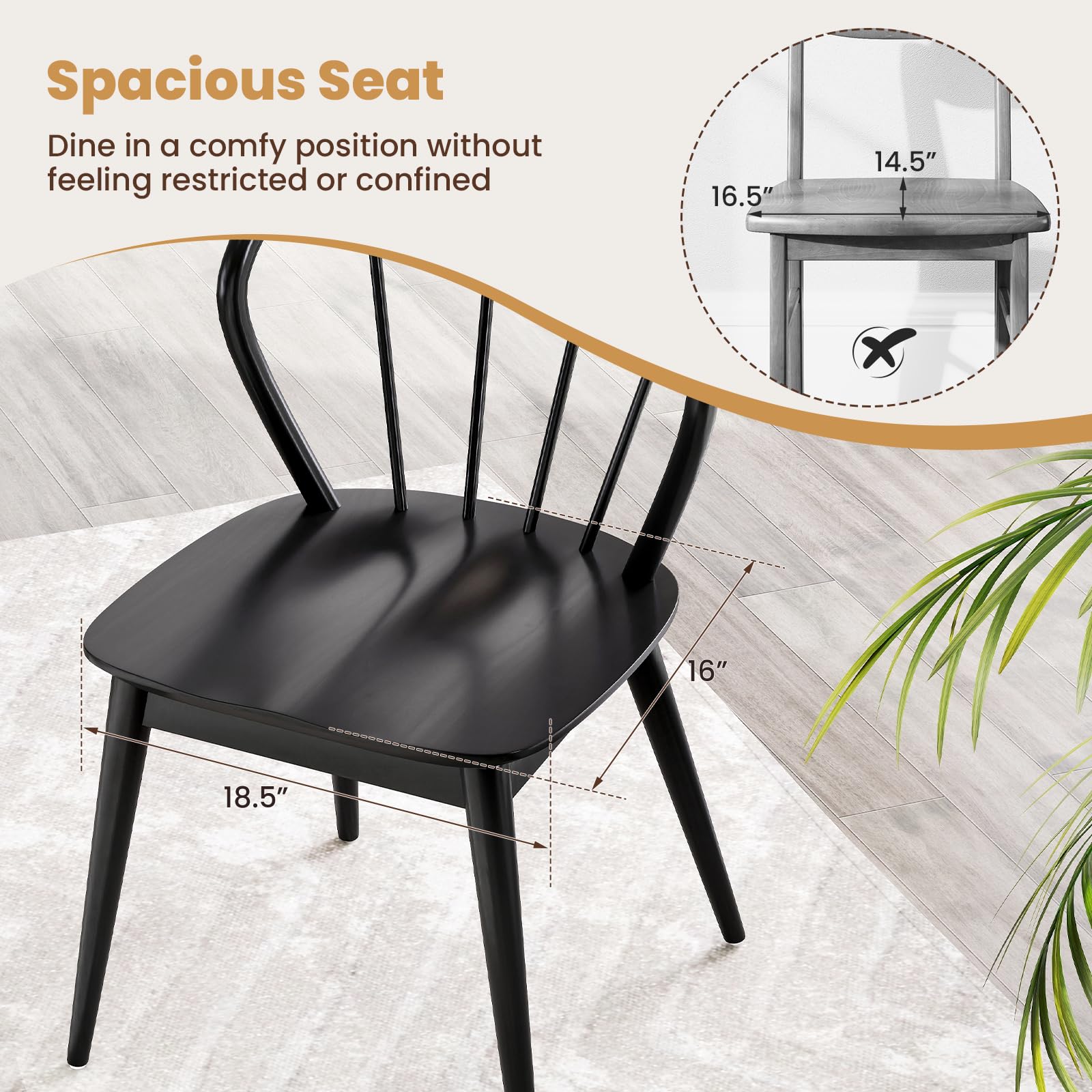 KOMFOTT Wooden Dining Chairs Set of 2/4, Windsor Kitchen Chairs w/High Spindle Back & Rubber Wood Legs, Wide Seat & Curved Backrest