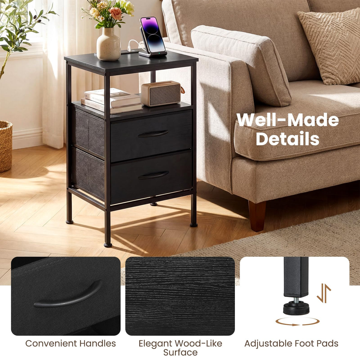 KOMFOTT 1/2 Nightstands with Charging Station 24.5" Modern Bedside Table(2 Drawers)