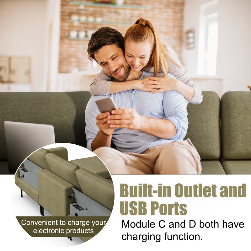 Modern Oversized Modular Sectional Sofa, 4-Seat Fabric Chaise Lounge Sleeper with Built-in Sockets & USB Ports