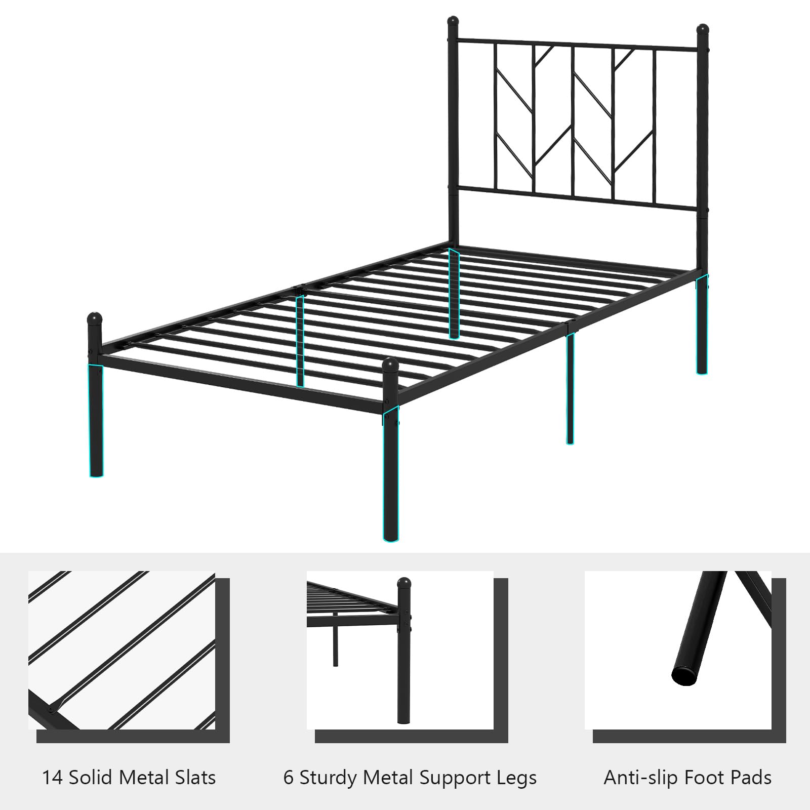 KOMFOTT Metal Bed Frame with Victorian Style Headboard, 14 Metal Slats Support