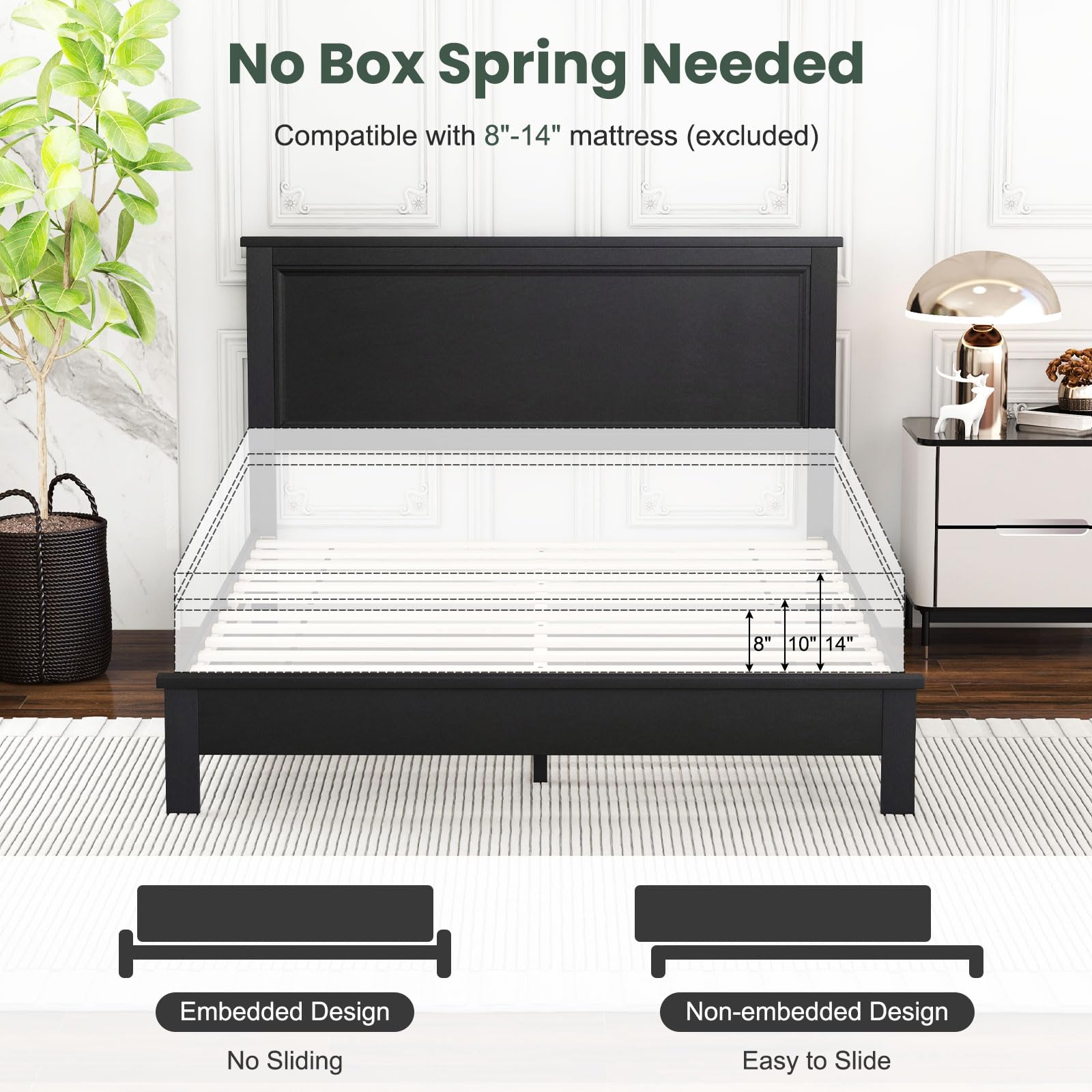 KOMFOTT Queen Size Wood Platform Bed Frame with Headboard
