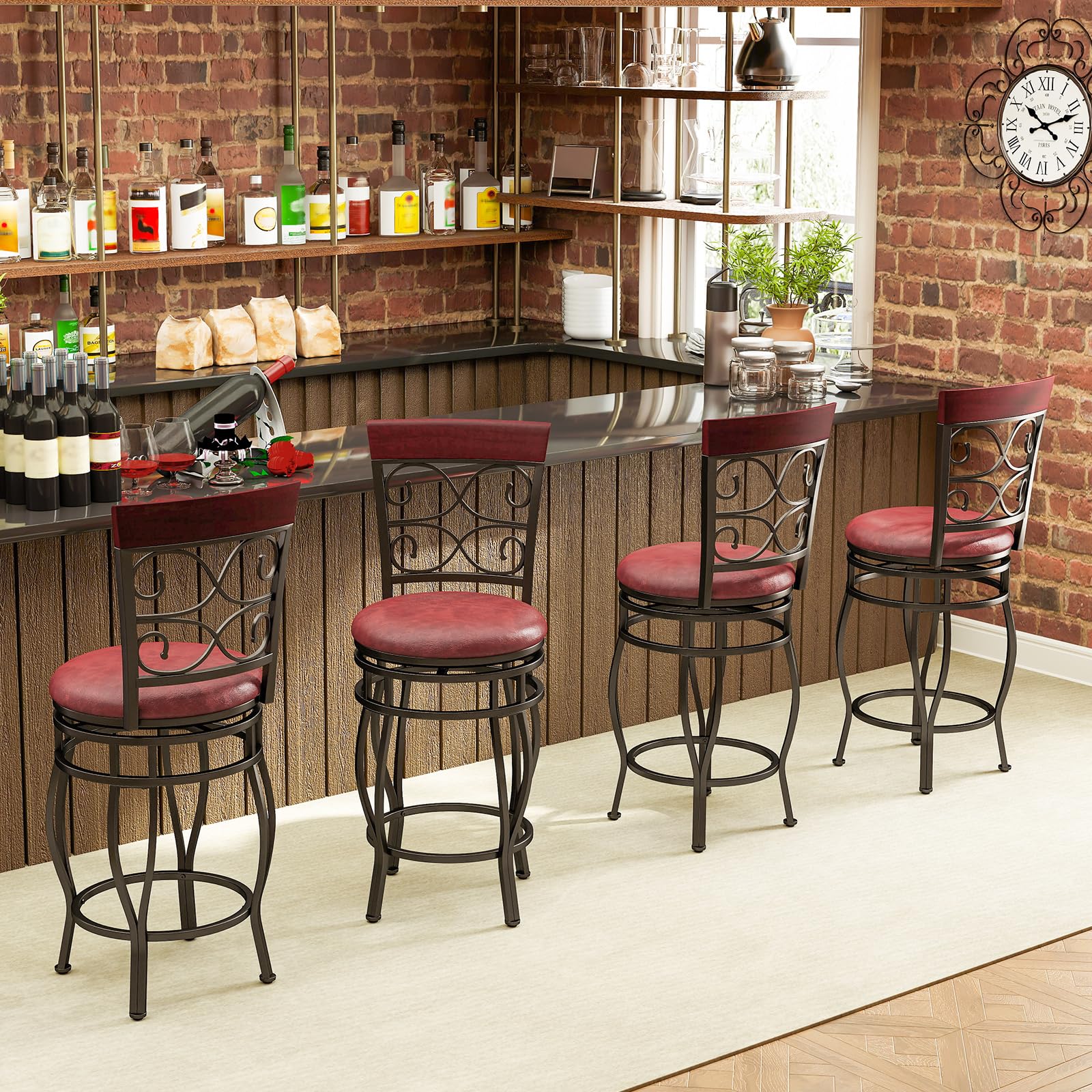 KOMFOTT Swivel Bar Stools Set of 2/4, Counter Height Bar Stools with Back, Upholstered PU Leather Seat, Footrest