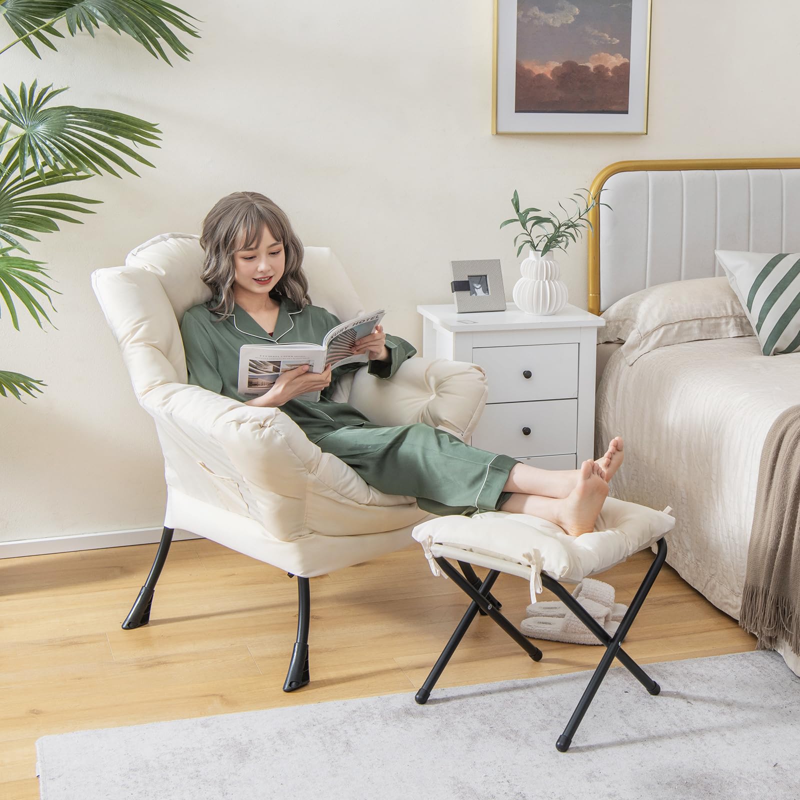 KOMFOTT Lazy Sofa Chair with Ottoman, Upholstered Leisure Lounge Armchair with Folding Footrest, Side Storage Pocket
