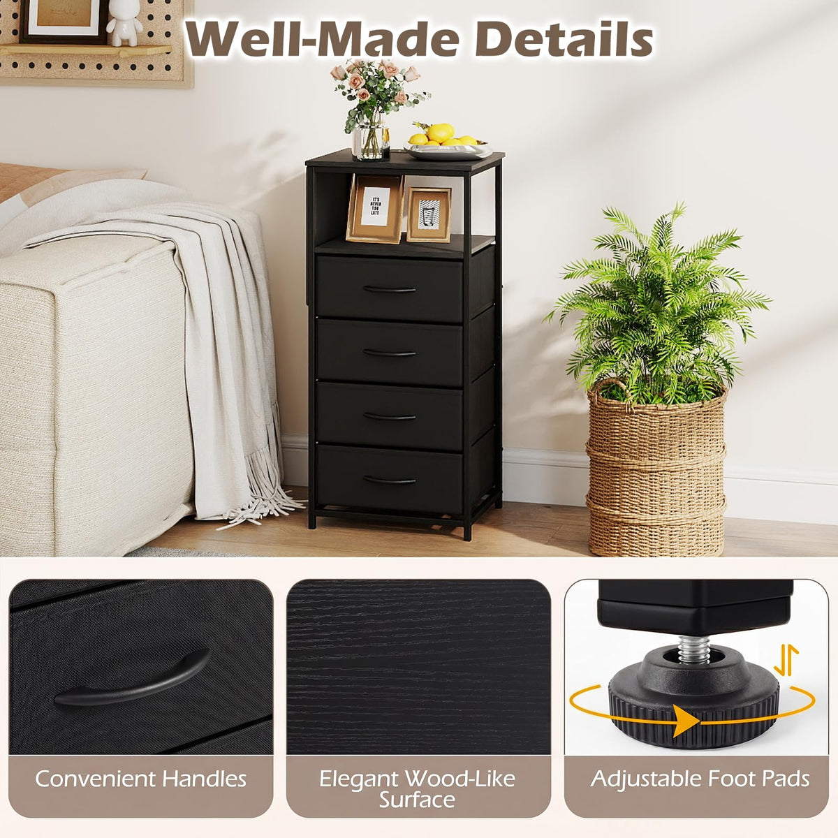 KOMFOTT 1/2 Nightstand with Integrated Charging Station 34" Tall Modern End Table(4 Drawers)