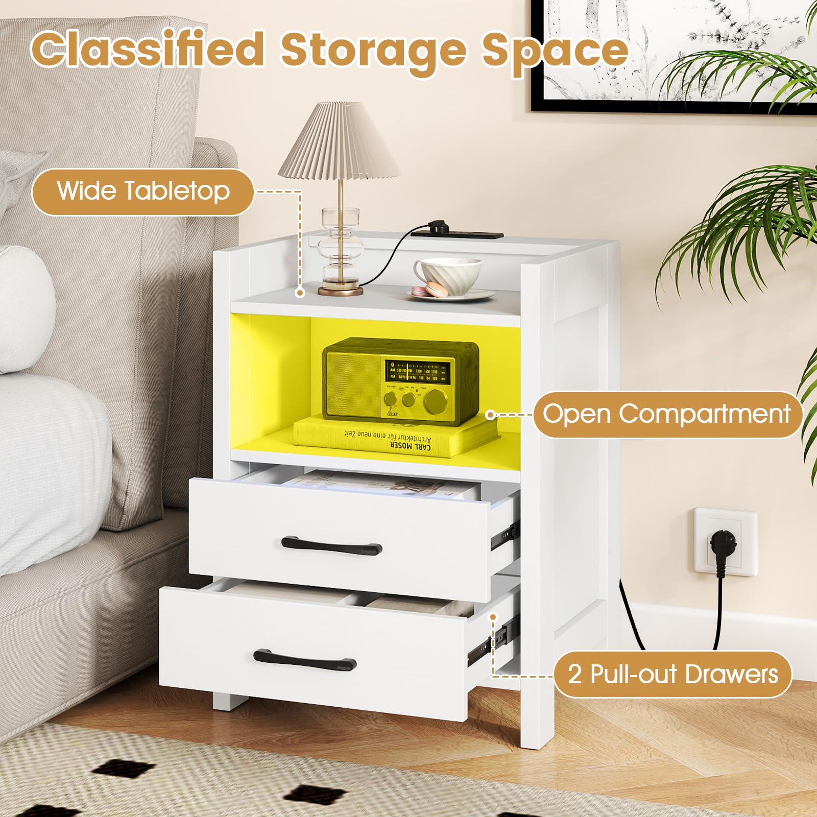 KOMFOTT Nightstand with LED Lights & Charging Station（23.5”）