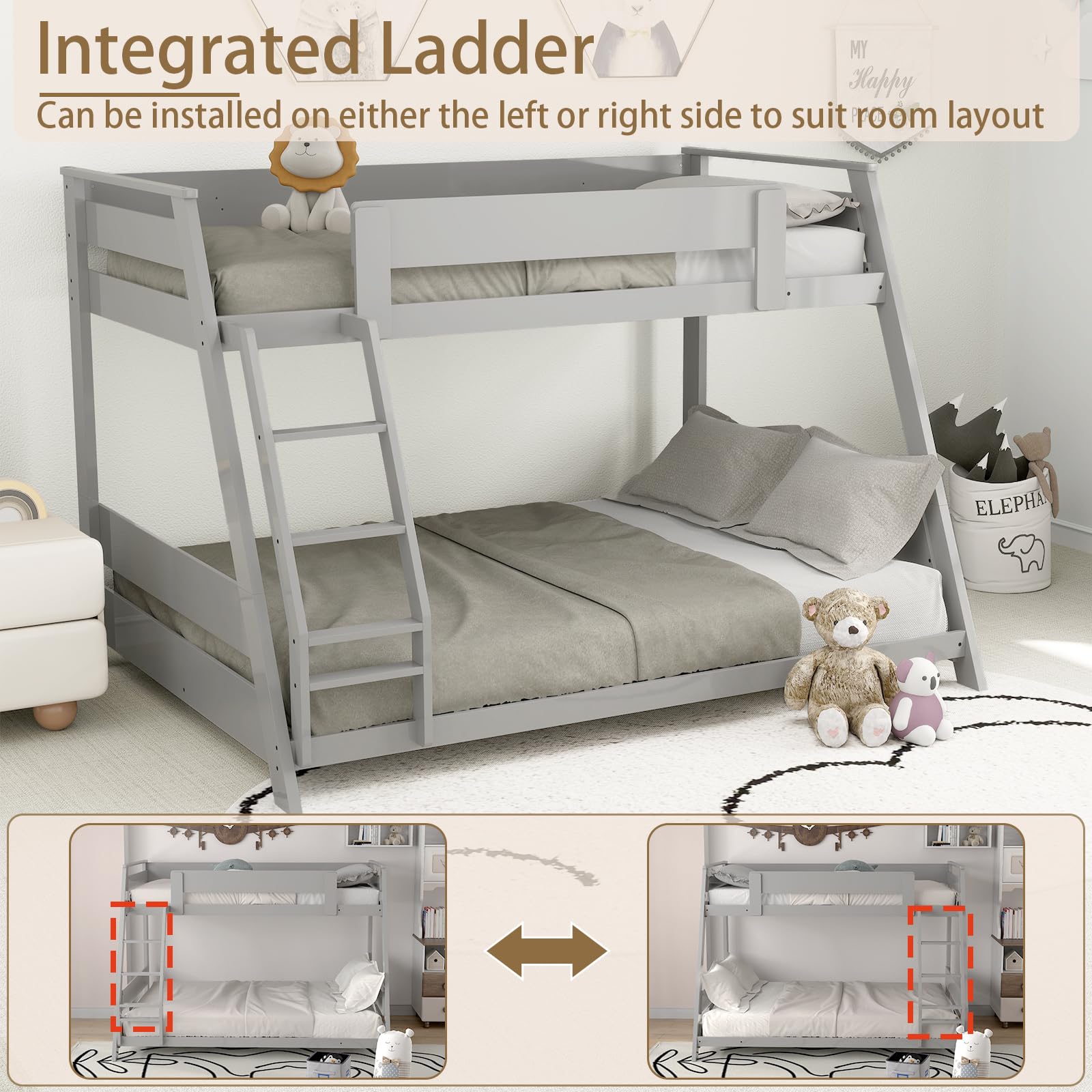 KOMFOTT Wood Twin Over Full Bunk Bed with Reversible Ladder