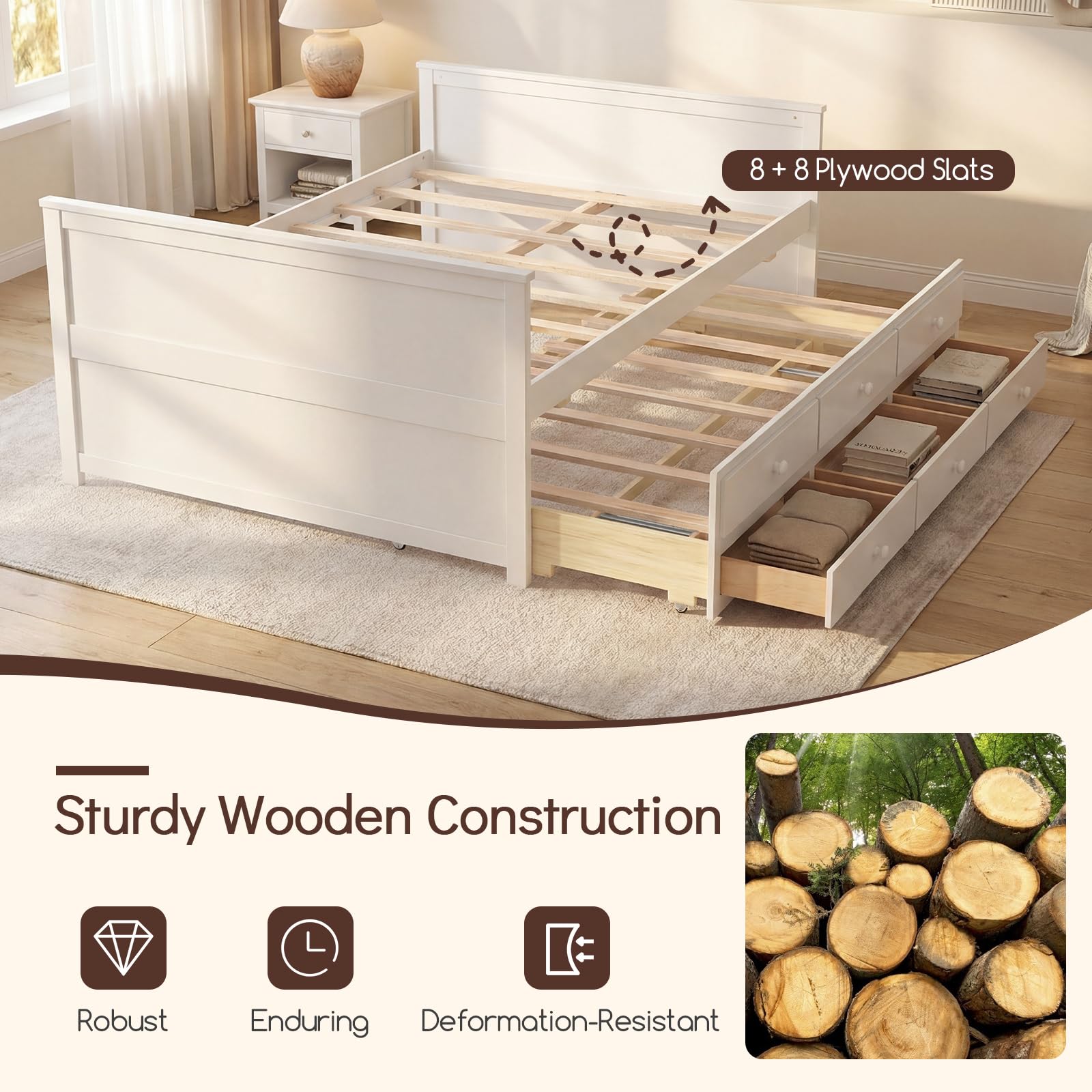 KOMFOTT Wood Full Trundle Bed with 3 Storage Drawers