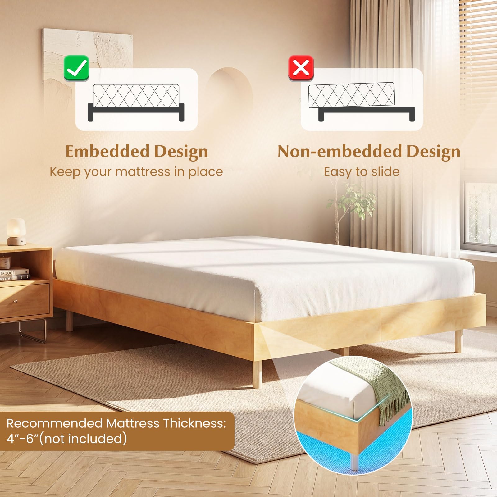 KOMFOTT Queen/Full/Twin Size Wood Floating Bed Frame with LED Lights