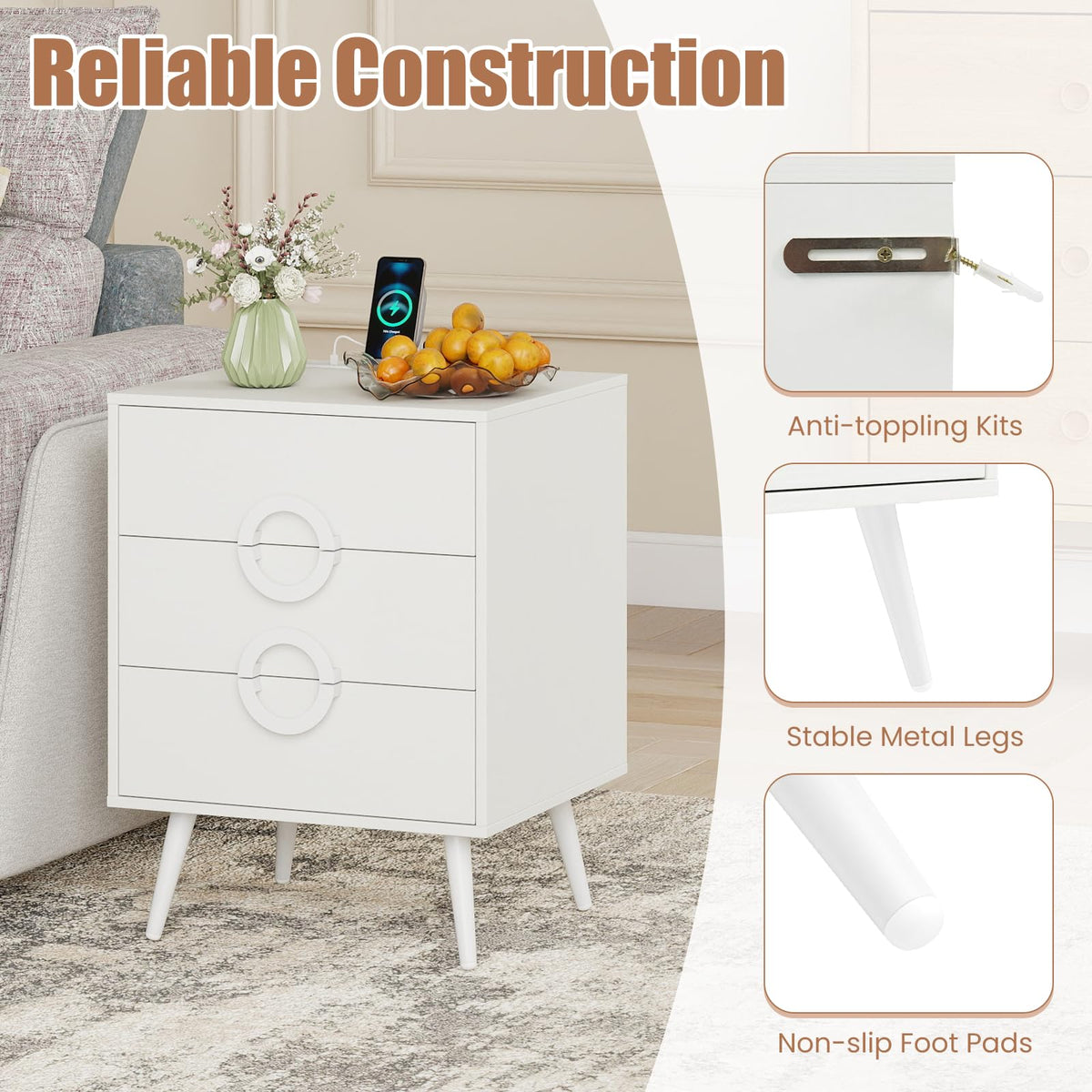 KOMFOTT Nightstand with 3 Drawers Bedside Table w/ Charging Station(18" x 16" x 23.5")
