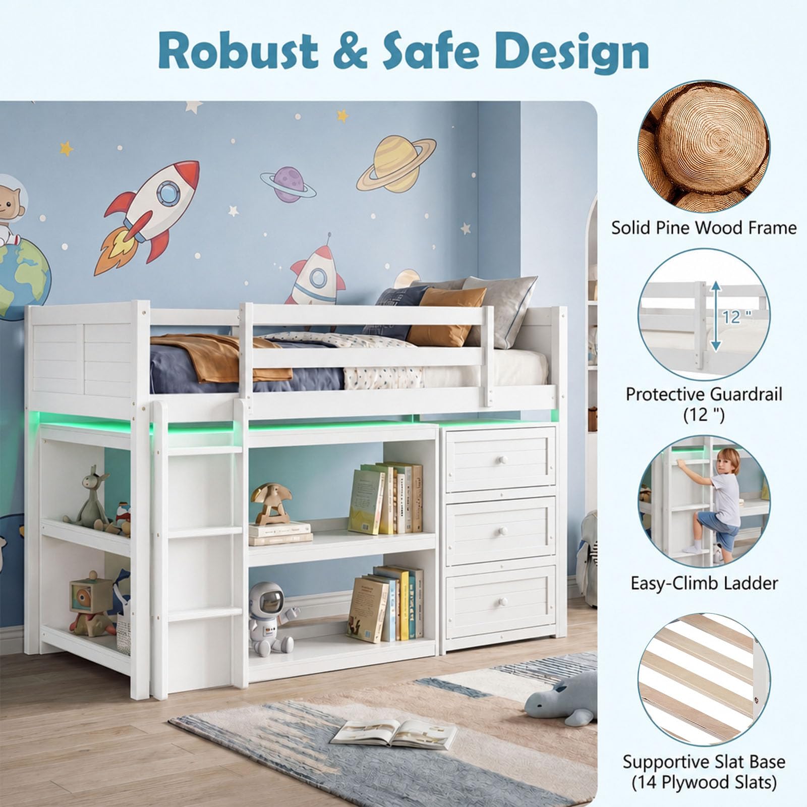 KOMFOTT Twin Low Loft Bed with LED Lights Modern Loft Bed